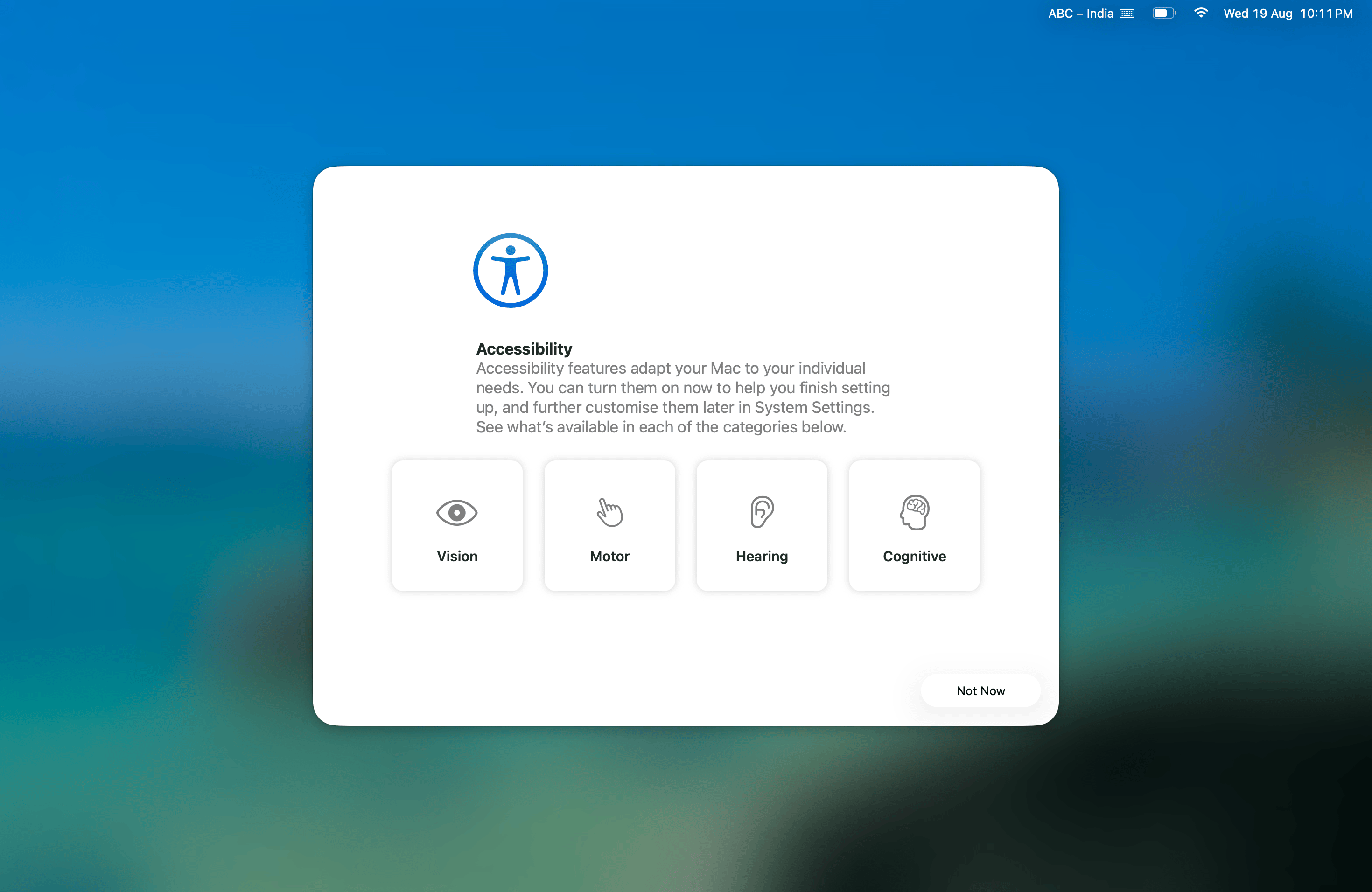 Accessibility setup screen - click Not Now