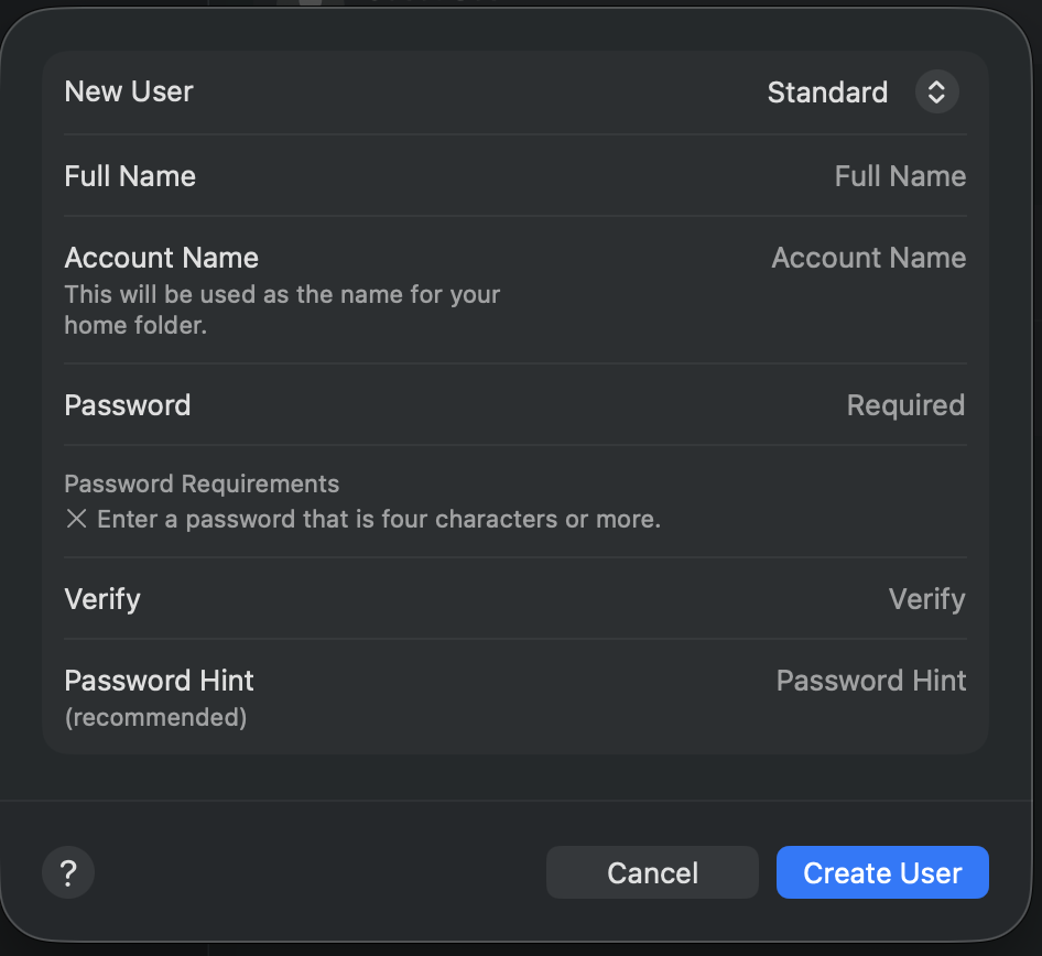 New user form with account type, name, and password fields