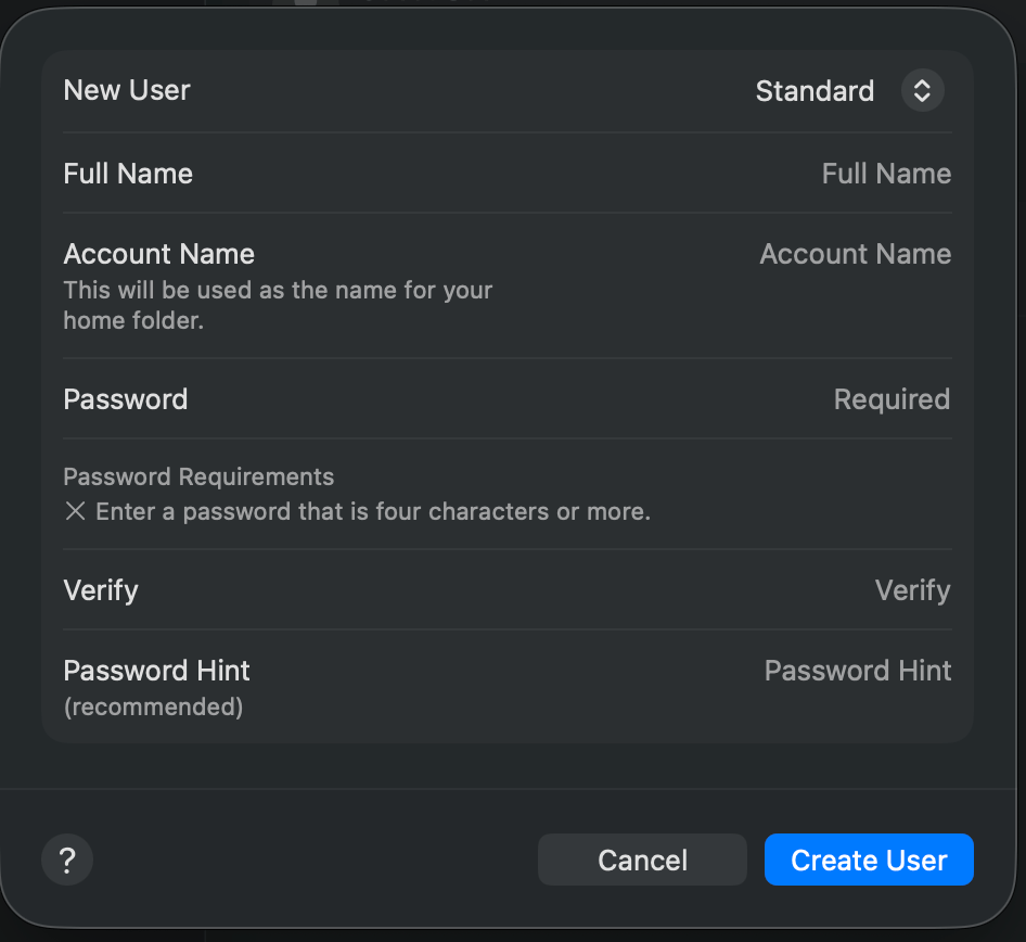New user form with account type, name, and password fields
