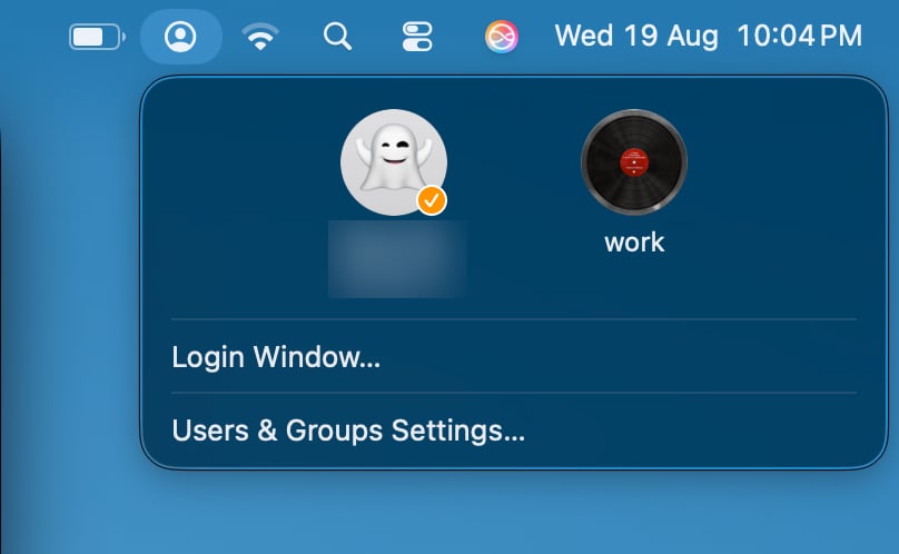 The Fast User Switching menu in the menu bar listing all profiles