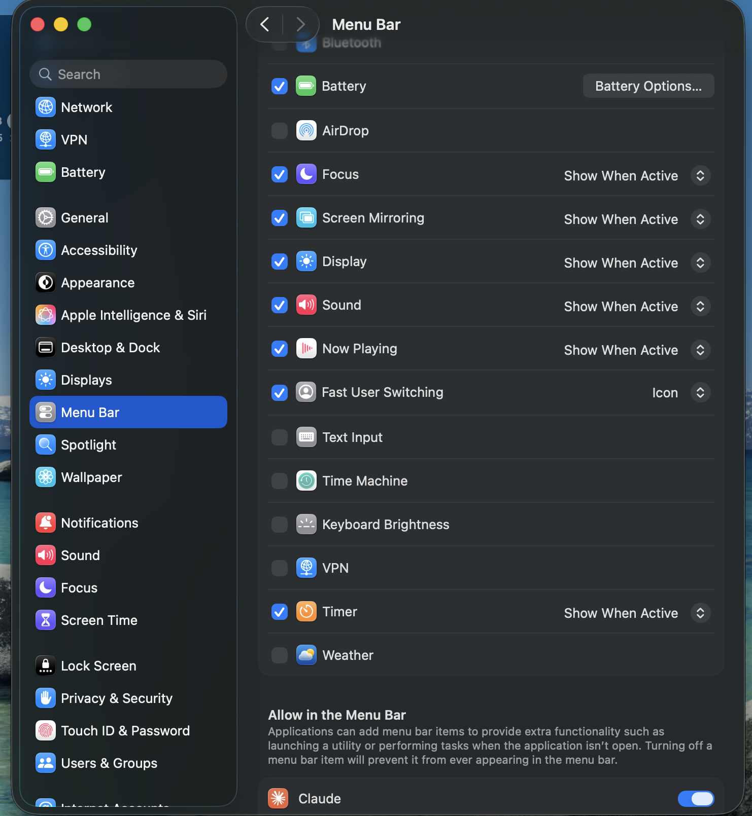 Fast User Switching enabled in the Menu Bar settings
