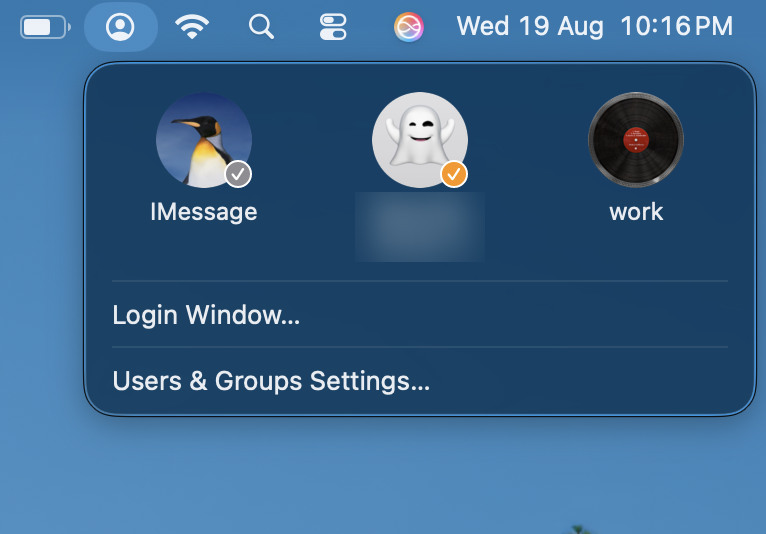 Fast User Switching menu listing all configured profiles