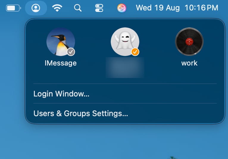 Fast User Switching menu listing all configured profiles