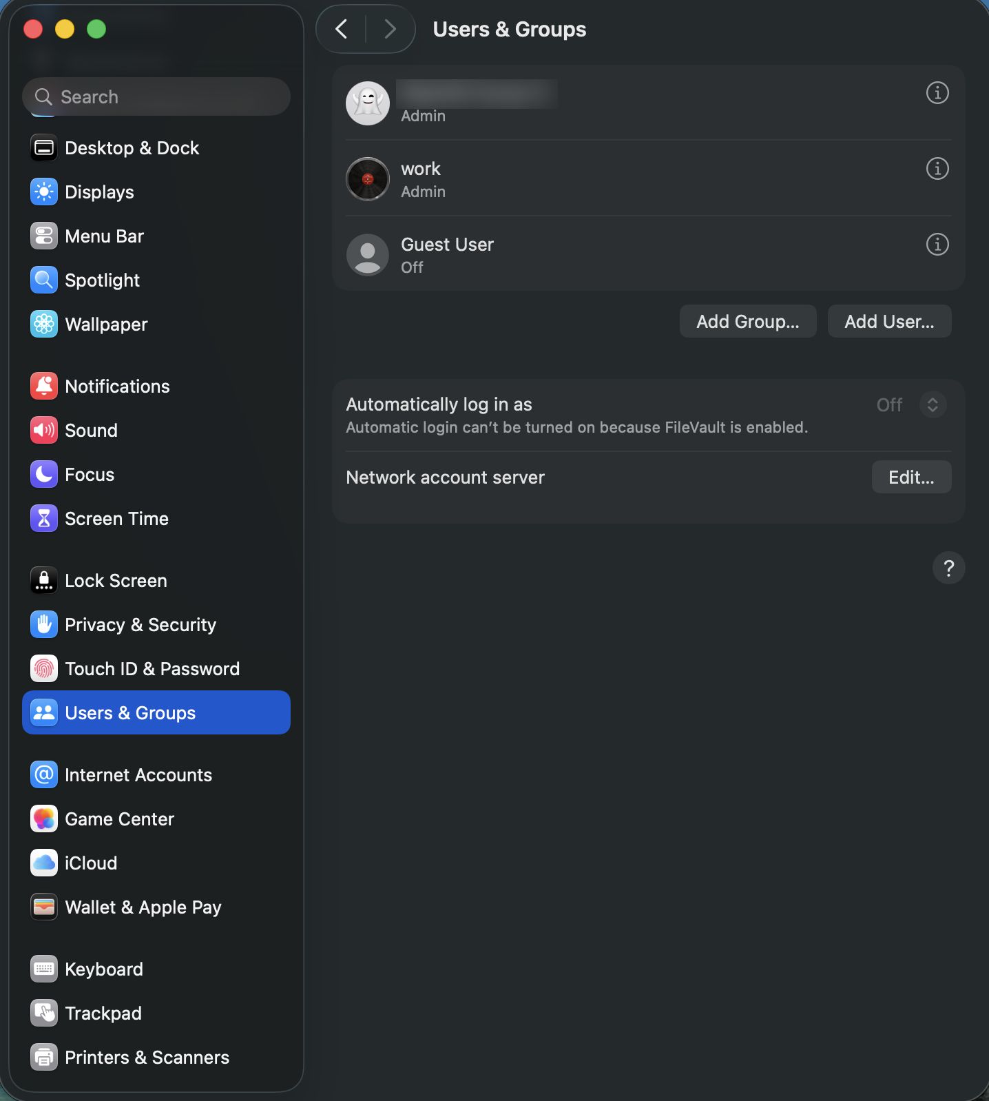 Users & Groups settings with the Add User button