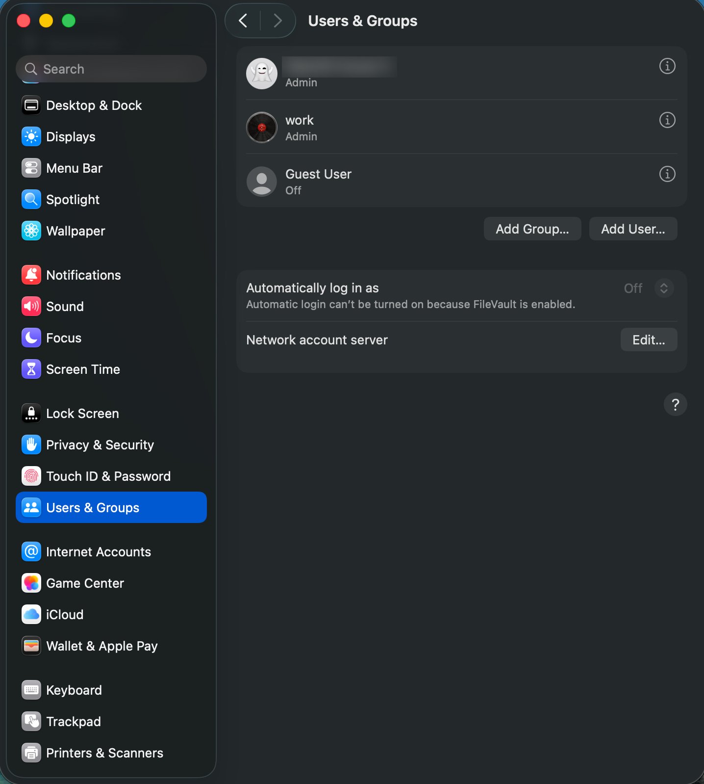 Users & Groups settings with the Add User button