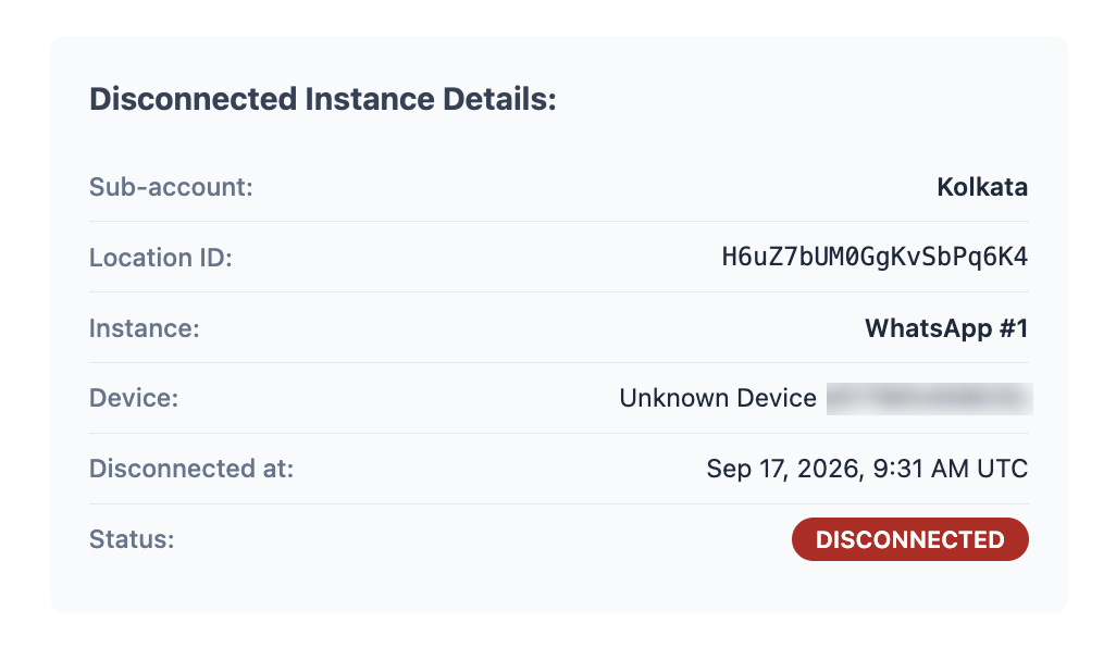 Disconnected Instance Details block in the alert email