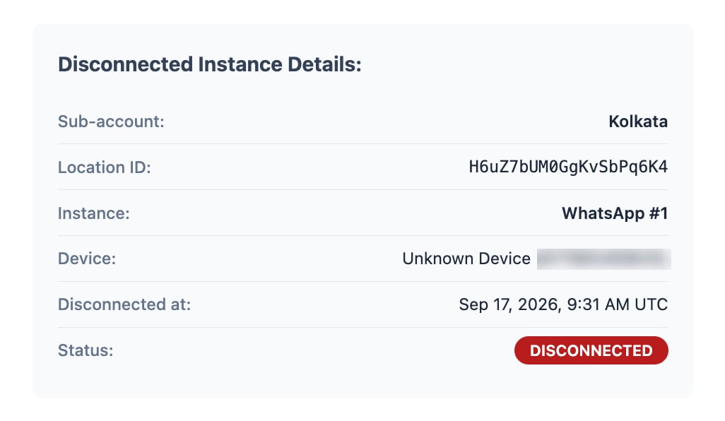 Disconnected Instance Details block in the alert email