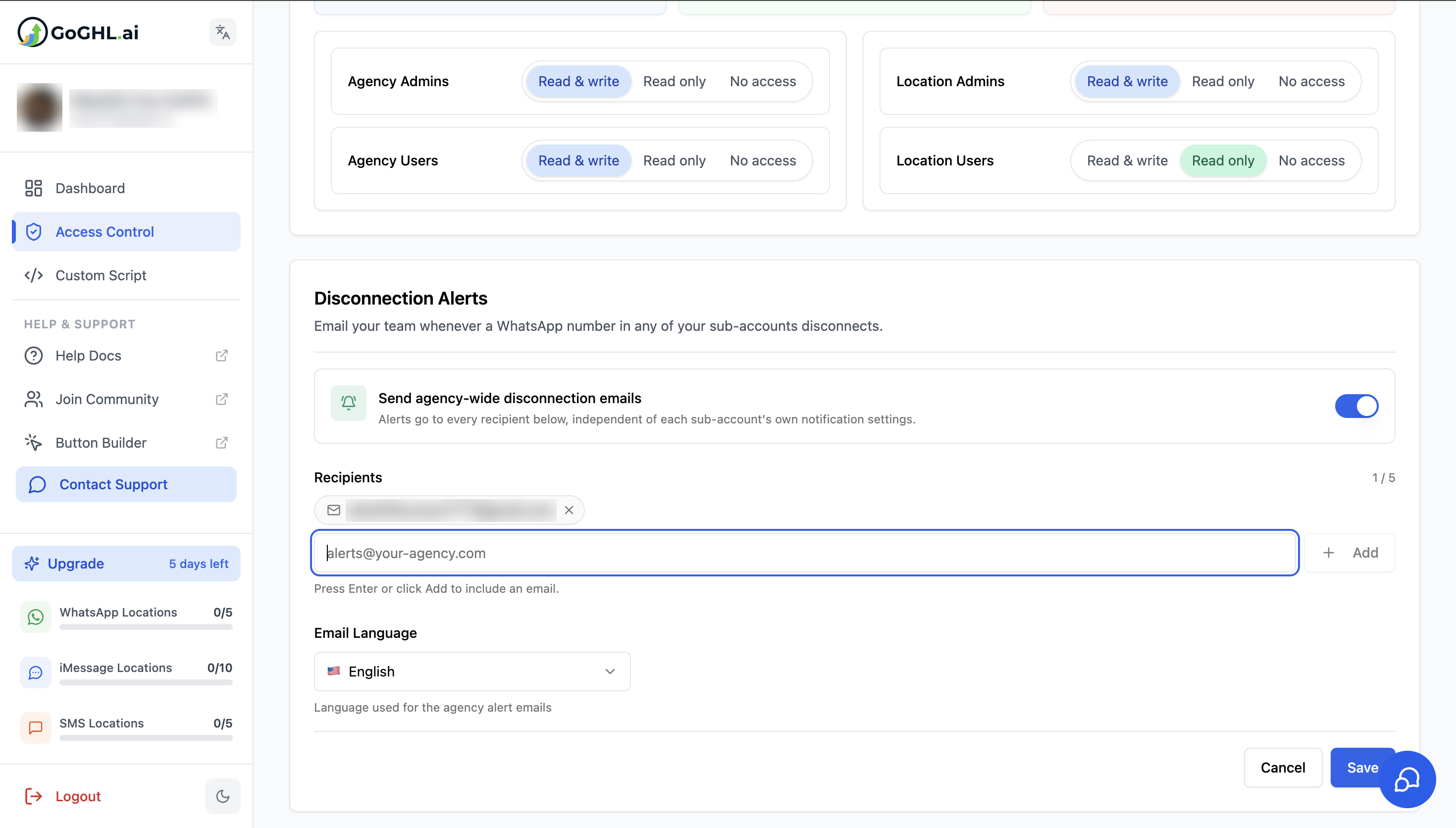 Disconnection Alerts with one recipient added and the Save button active