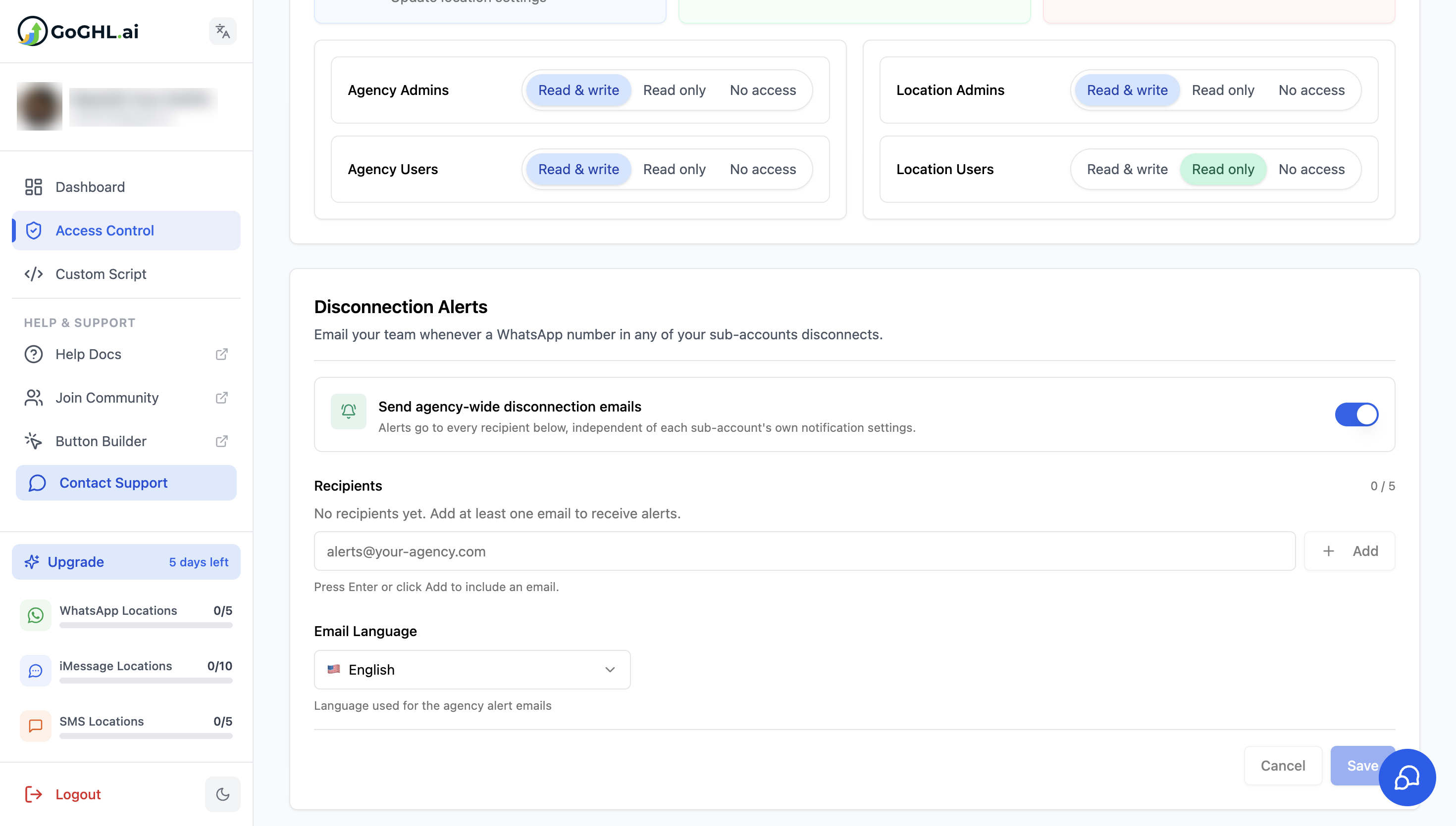 Disconnection Alerts card in Access Control on the agency dashboard