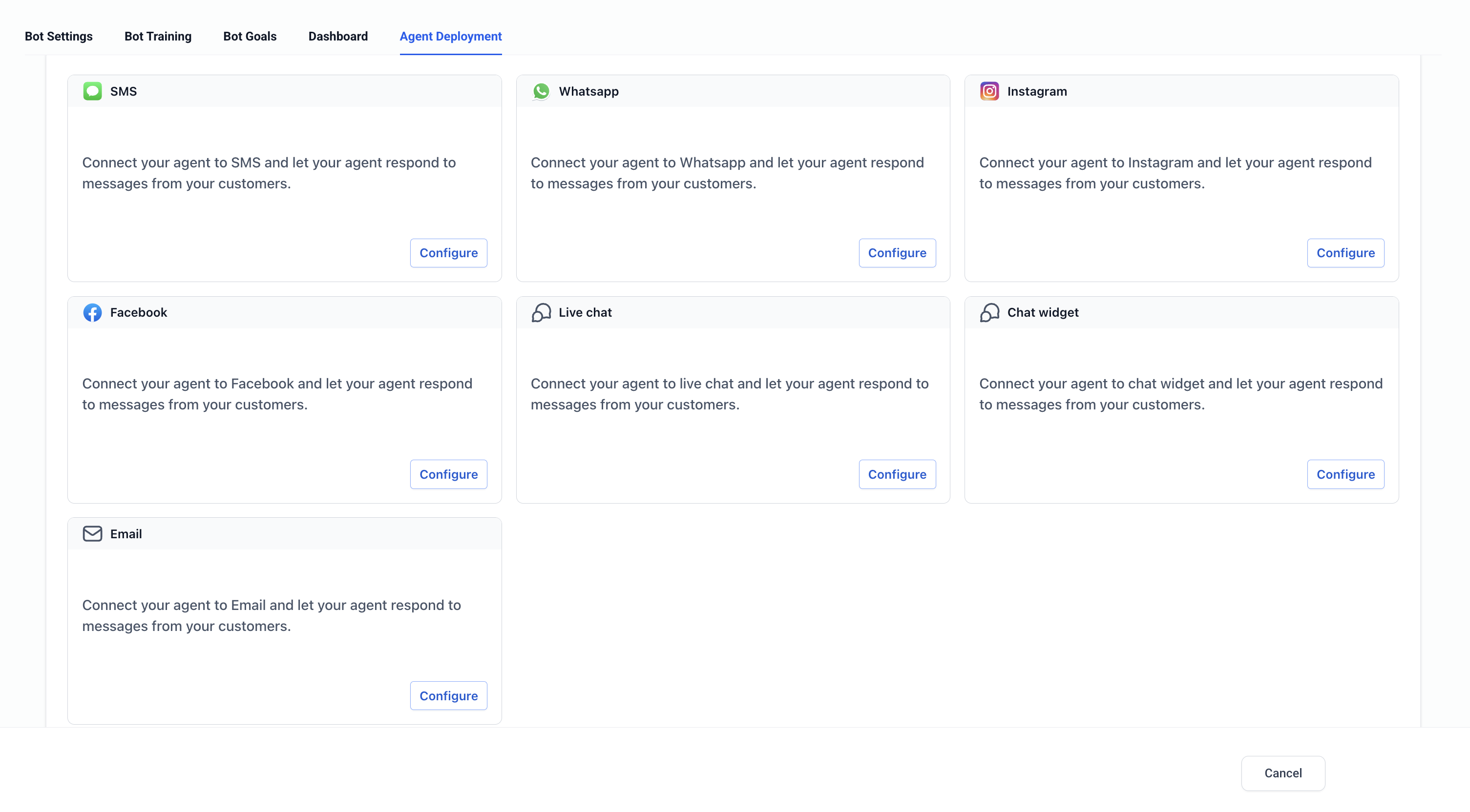 Agent Deployment tab with a card per channel