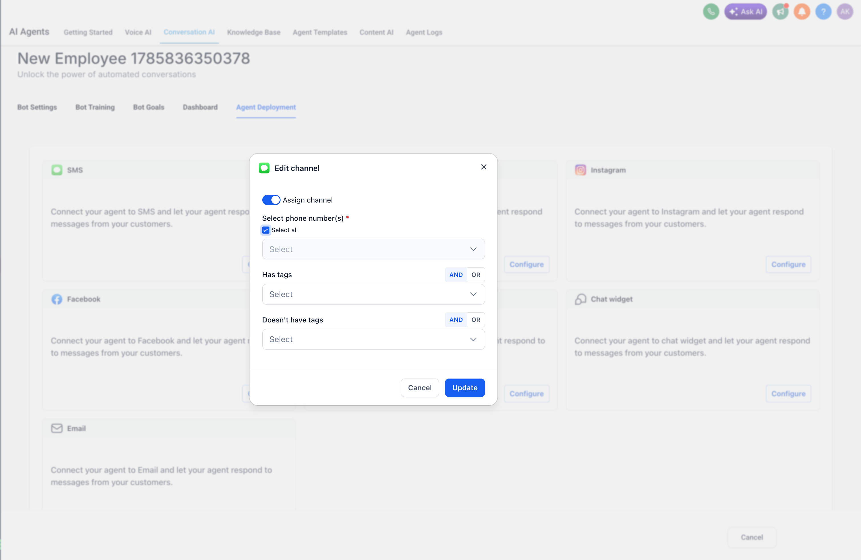 Edit channel dialog with Select all and tag filters