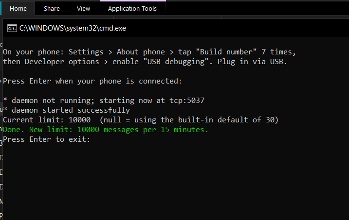 Windows command prompt showing the new SMS limit set to 10000 messages per 15 minutes