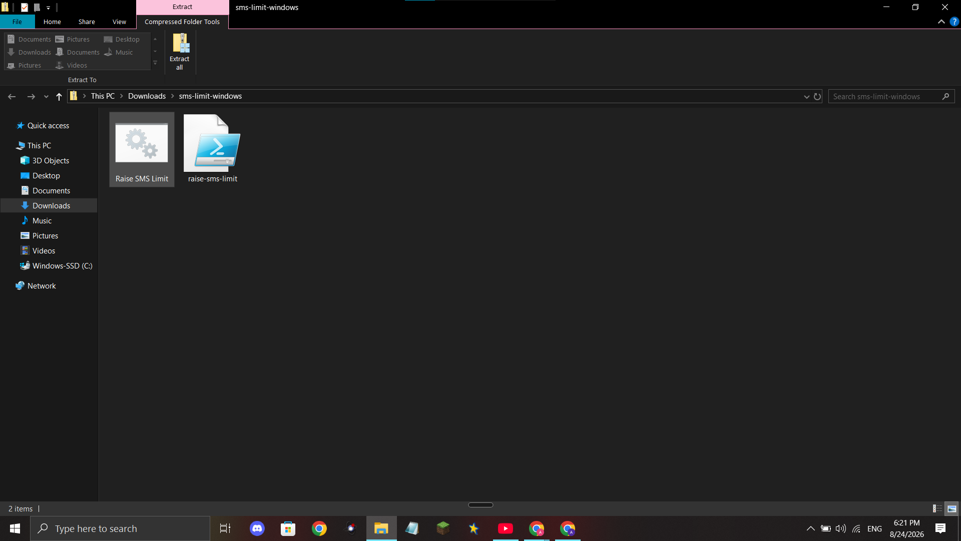 Extracted sms-limit-windows folder containing Raise SMS Limit.bat and raise-sms-limit.ps1