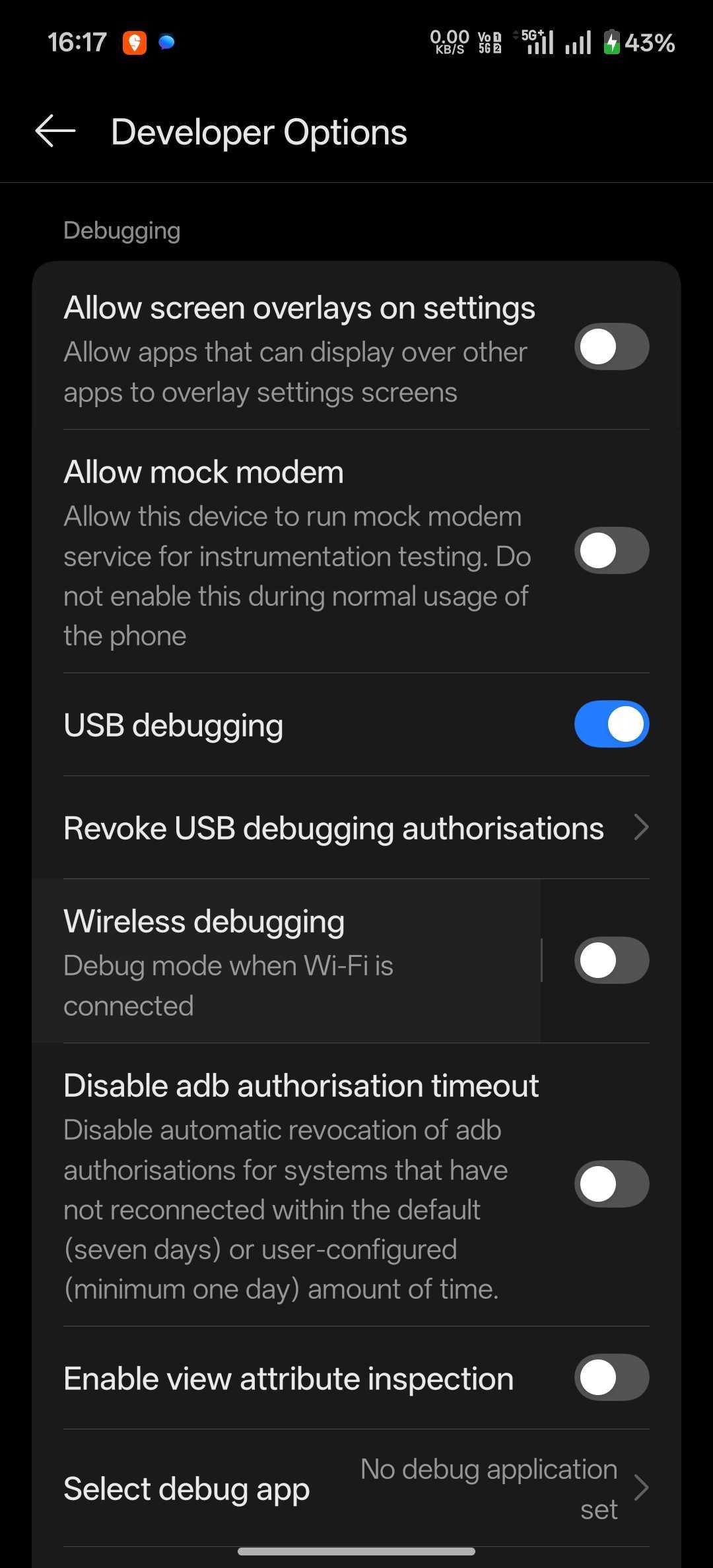 USB debugging toggle enabled in Developer Options