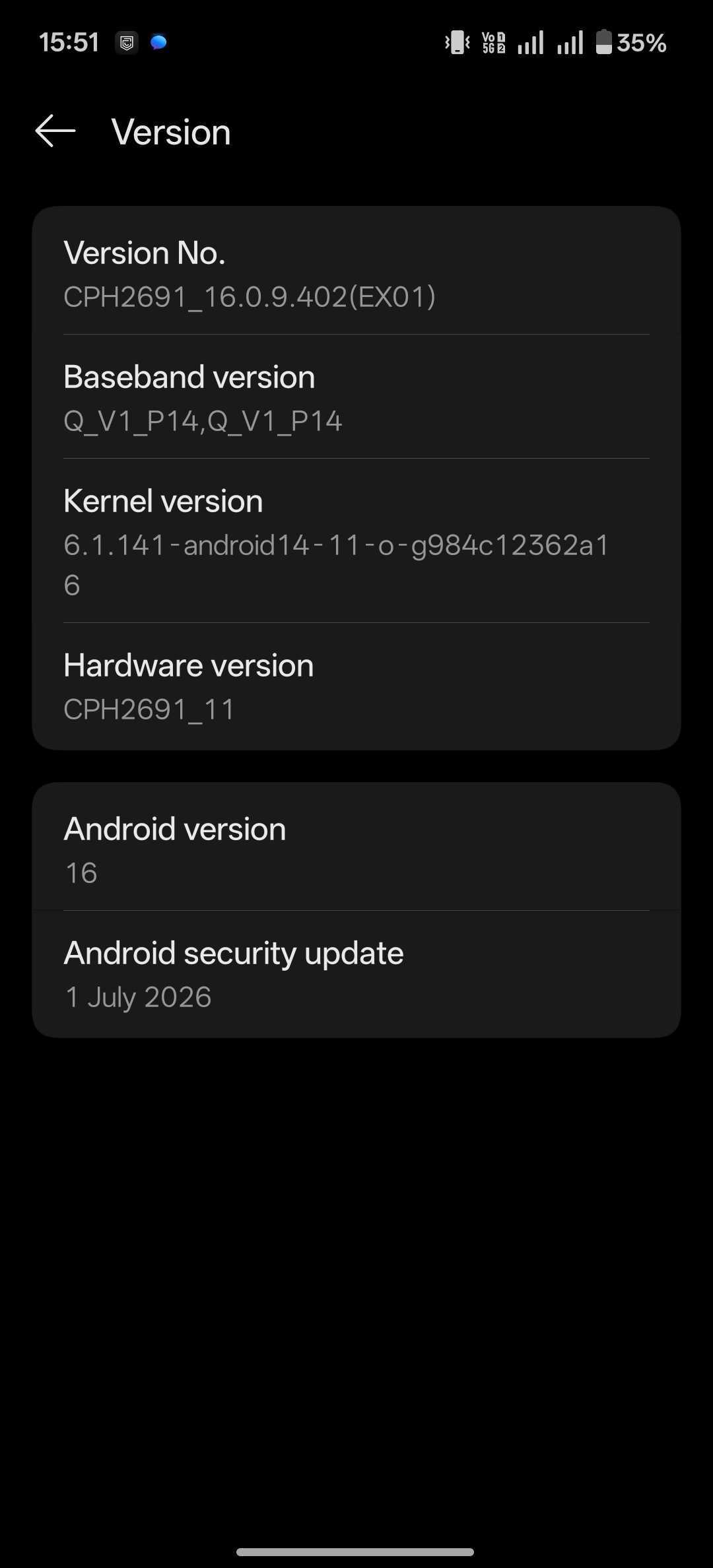 Android Version screen showing Version number and Android version