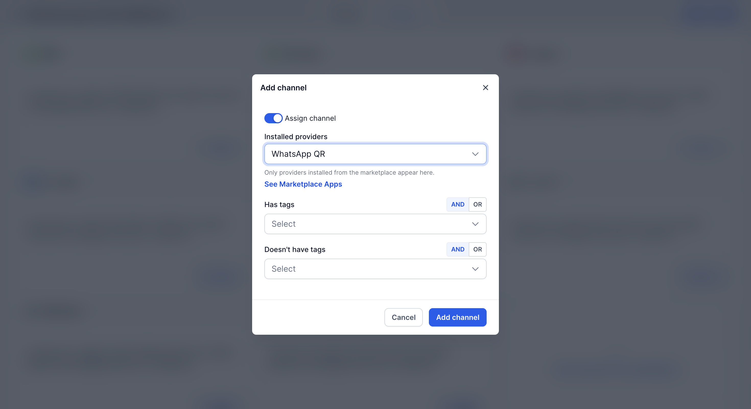 Add channel dialog with WhatsApp QR selected as the installed provider