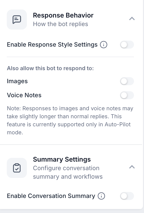 Response Behavior and Summary Settings panels