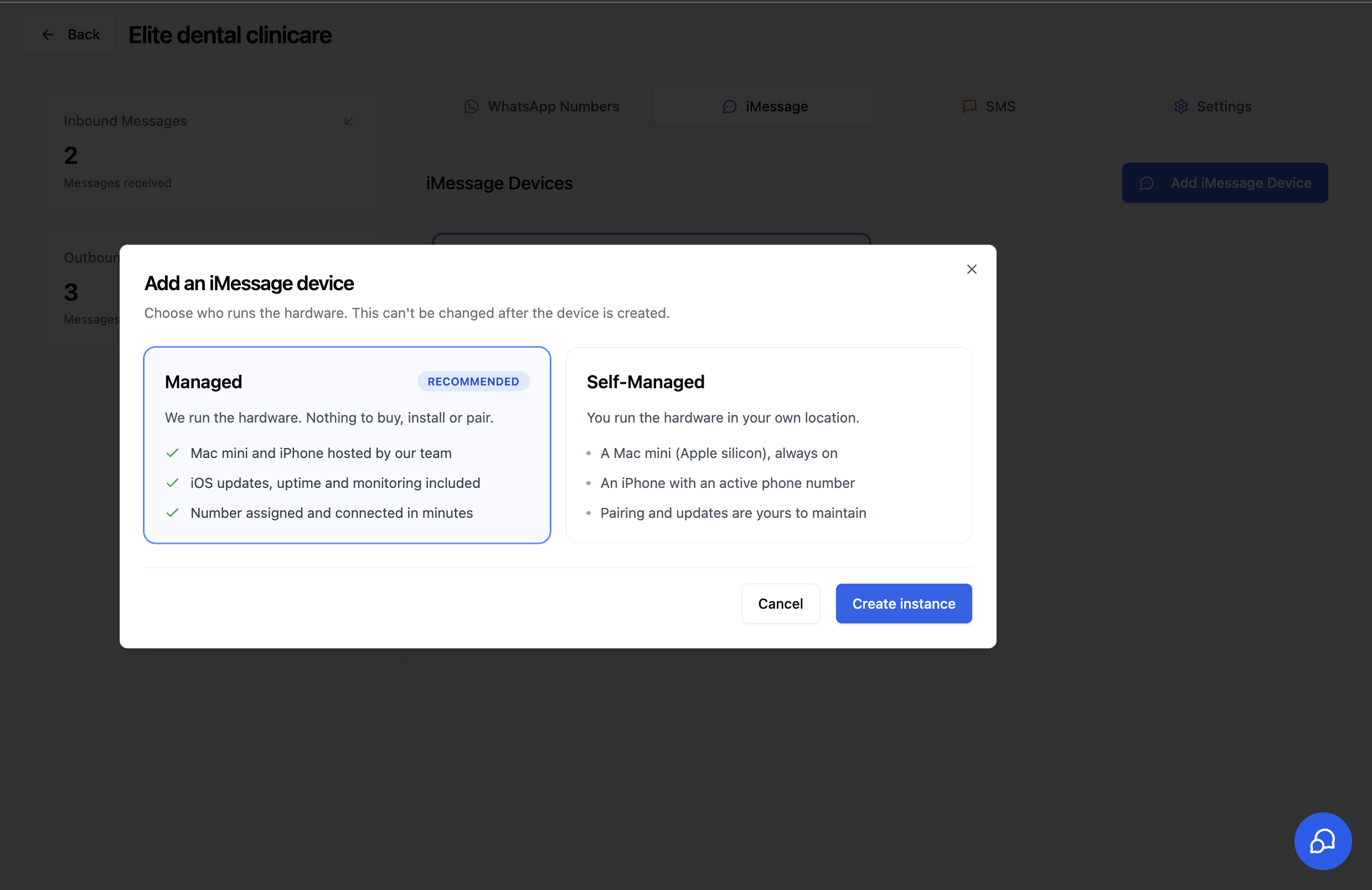 Add an iMessage device dialog with the Managed option selected