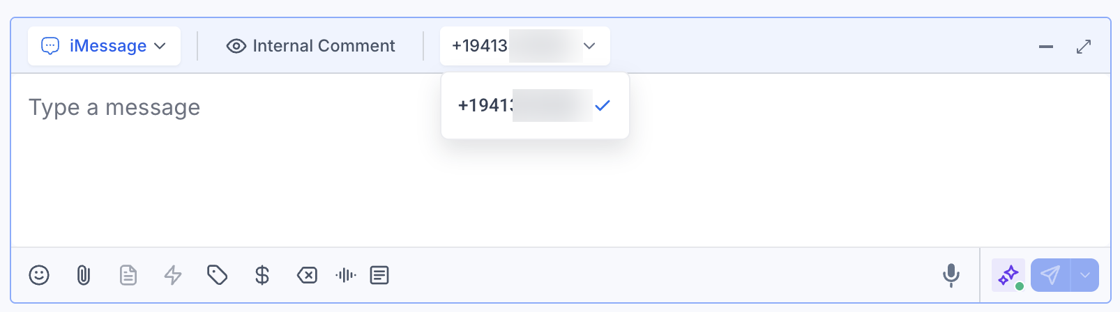 Number dropdown in the message composer showing the managed iMessage number