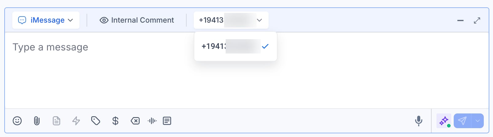 Number dropdown in the message composer showing the managed iMessage number