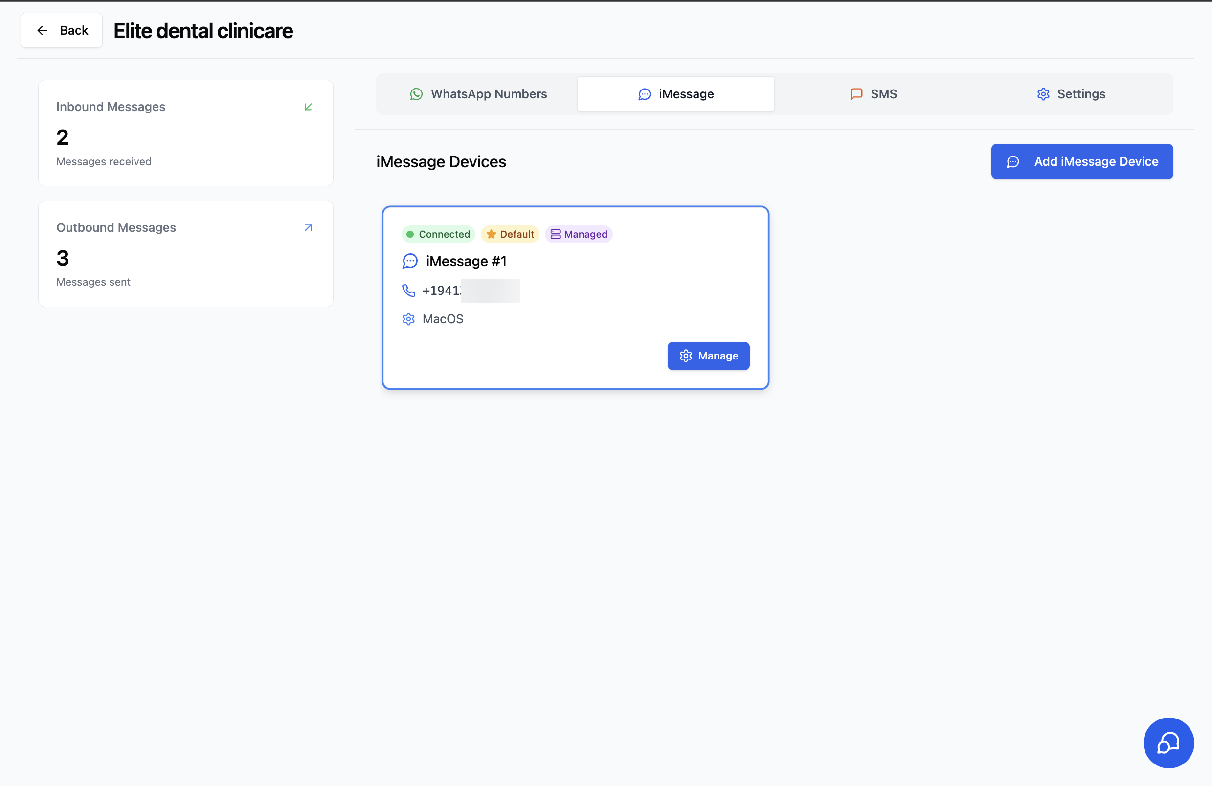 iMessage device card showing Connected, Default, and Managed badges with the claimed number