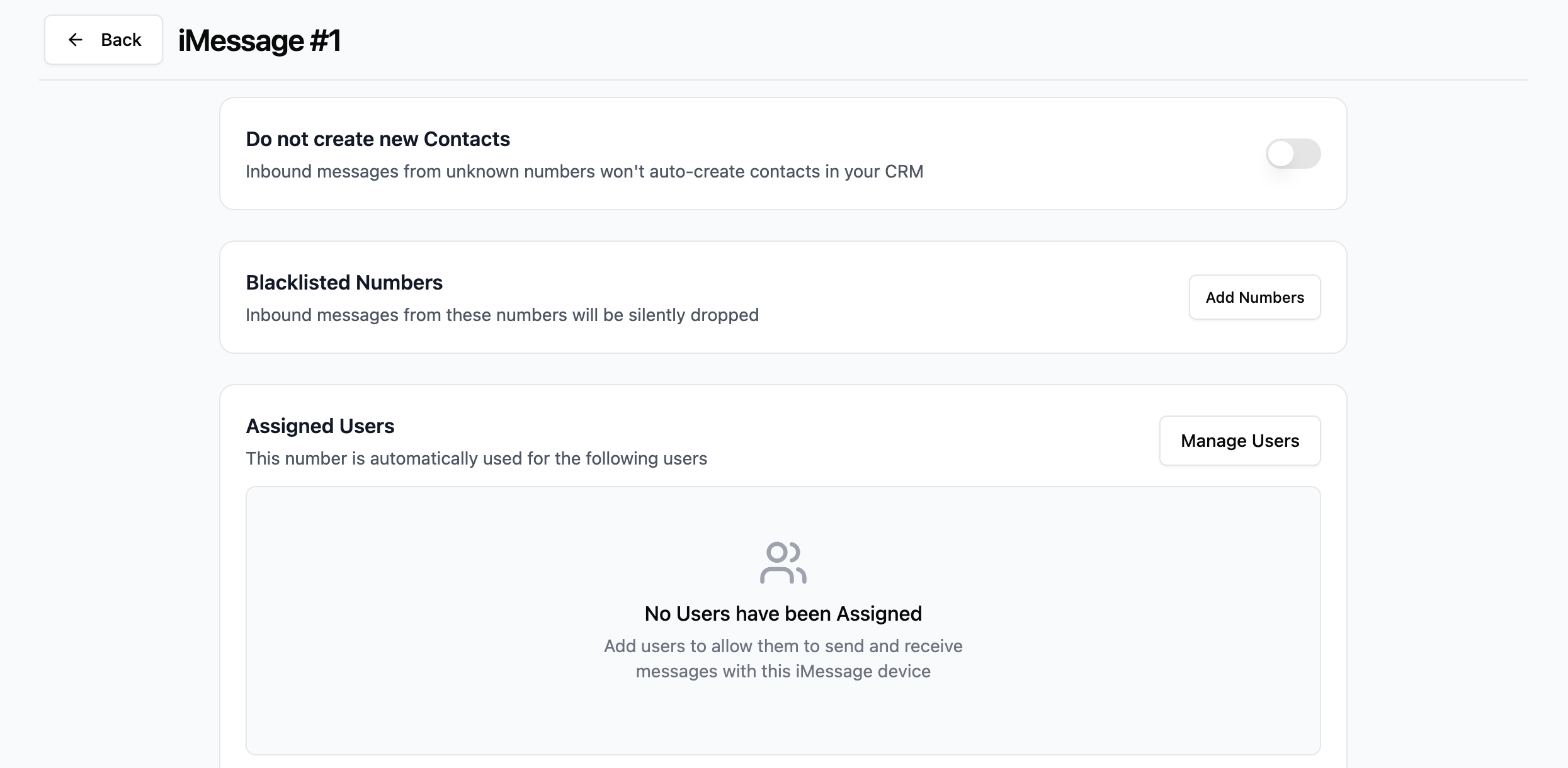 Device settings options: Do not create new Contacts toggle, Blacklisted Numbers, and Assigned Users