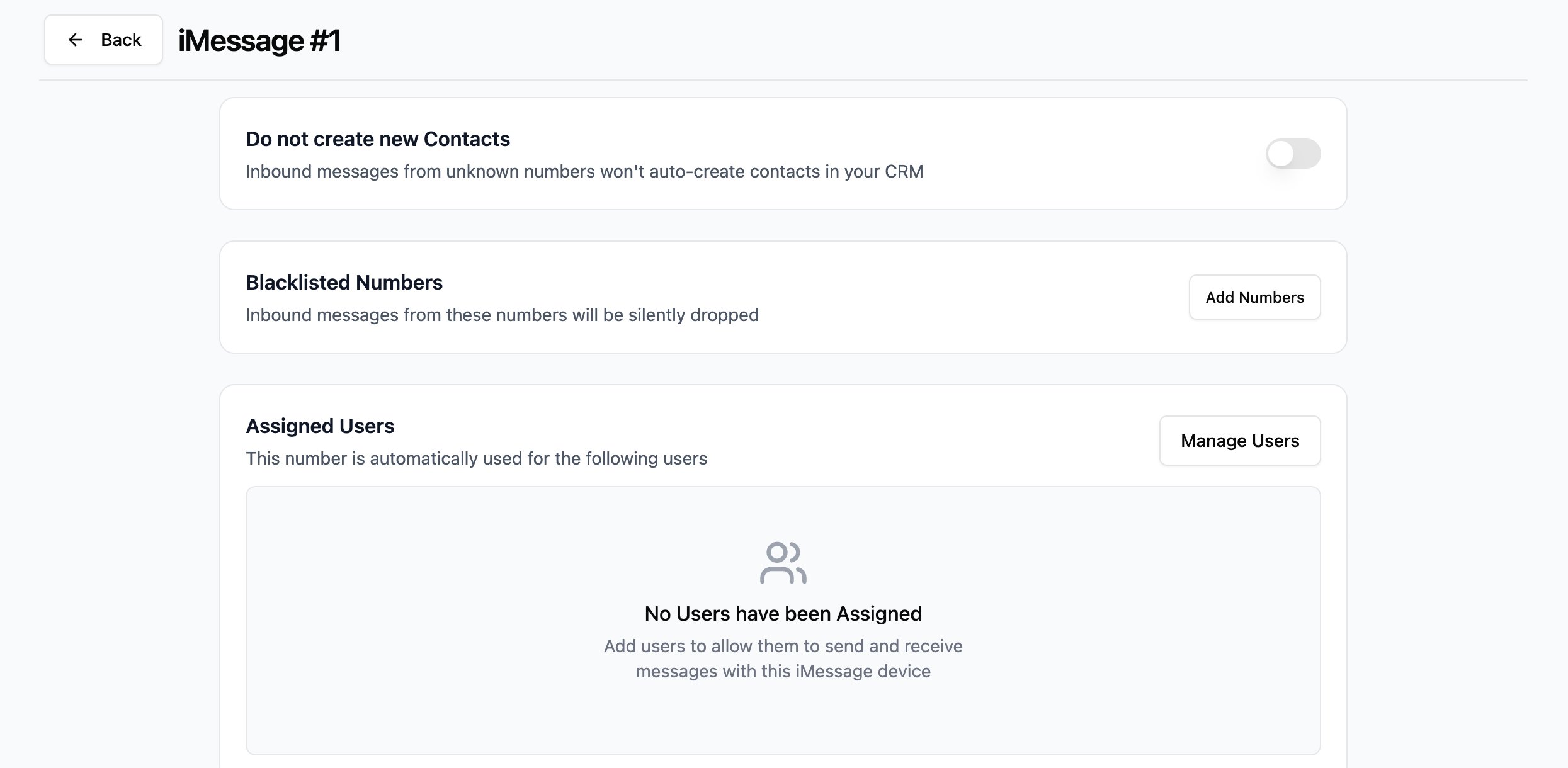 Device settings options: Do not create new Contacts toggle, Blacklisted Numbers, and Assigned Users