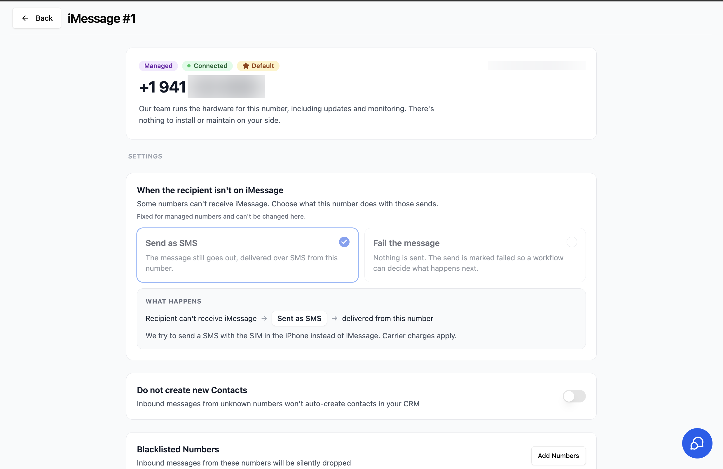 Managed iMessage device settings page showing the SMS fallback, contact creation toggle, and blacklist