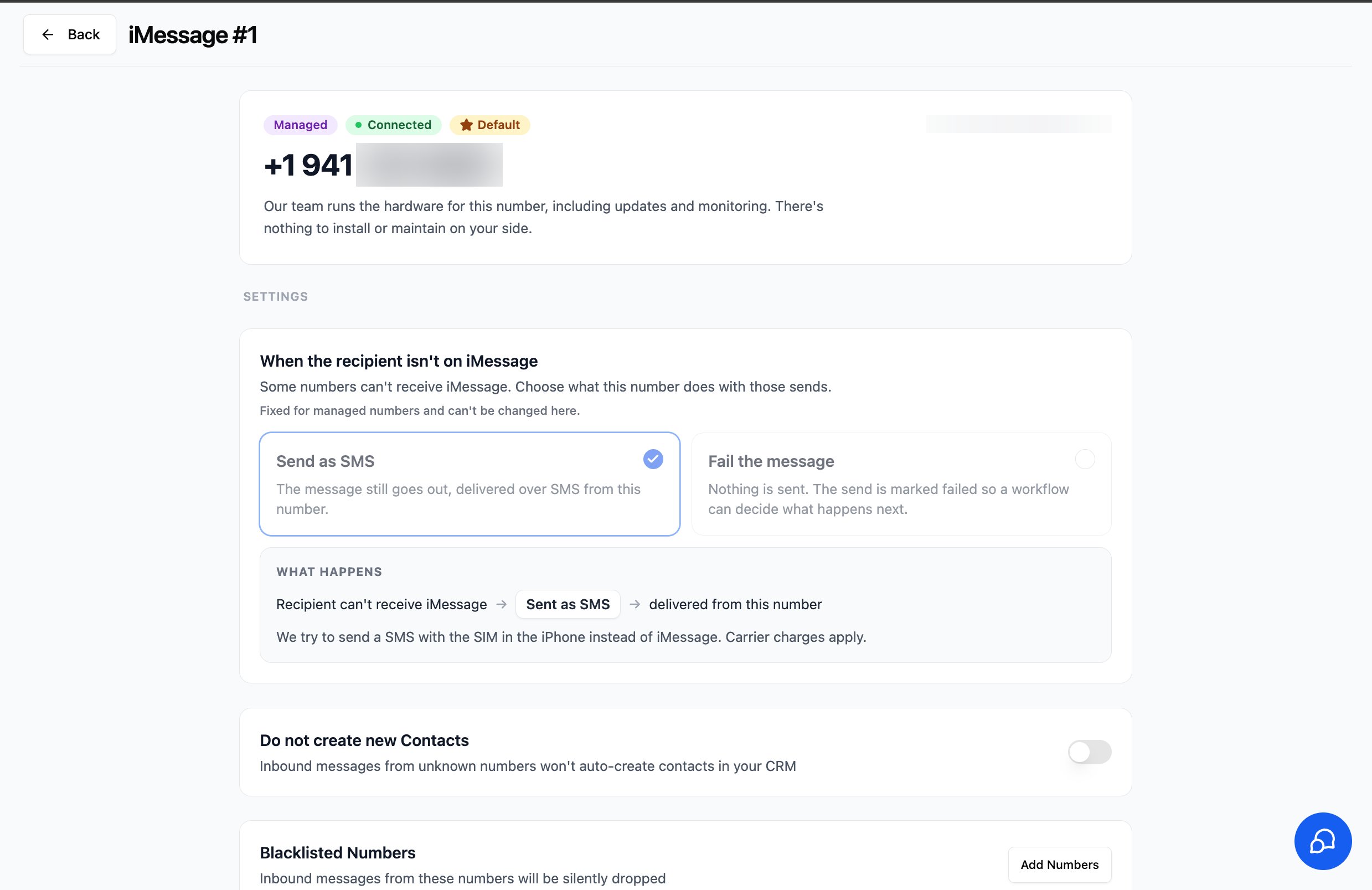 Managed iMessage device settings page showing the SMS fallback, contact creation toggle, and blacklist