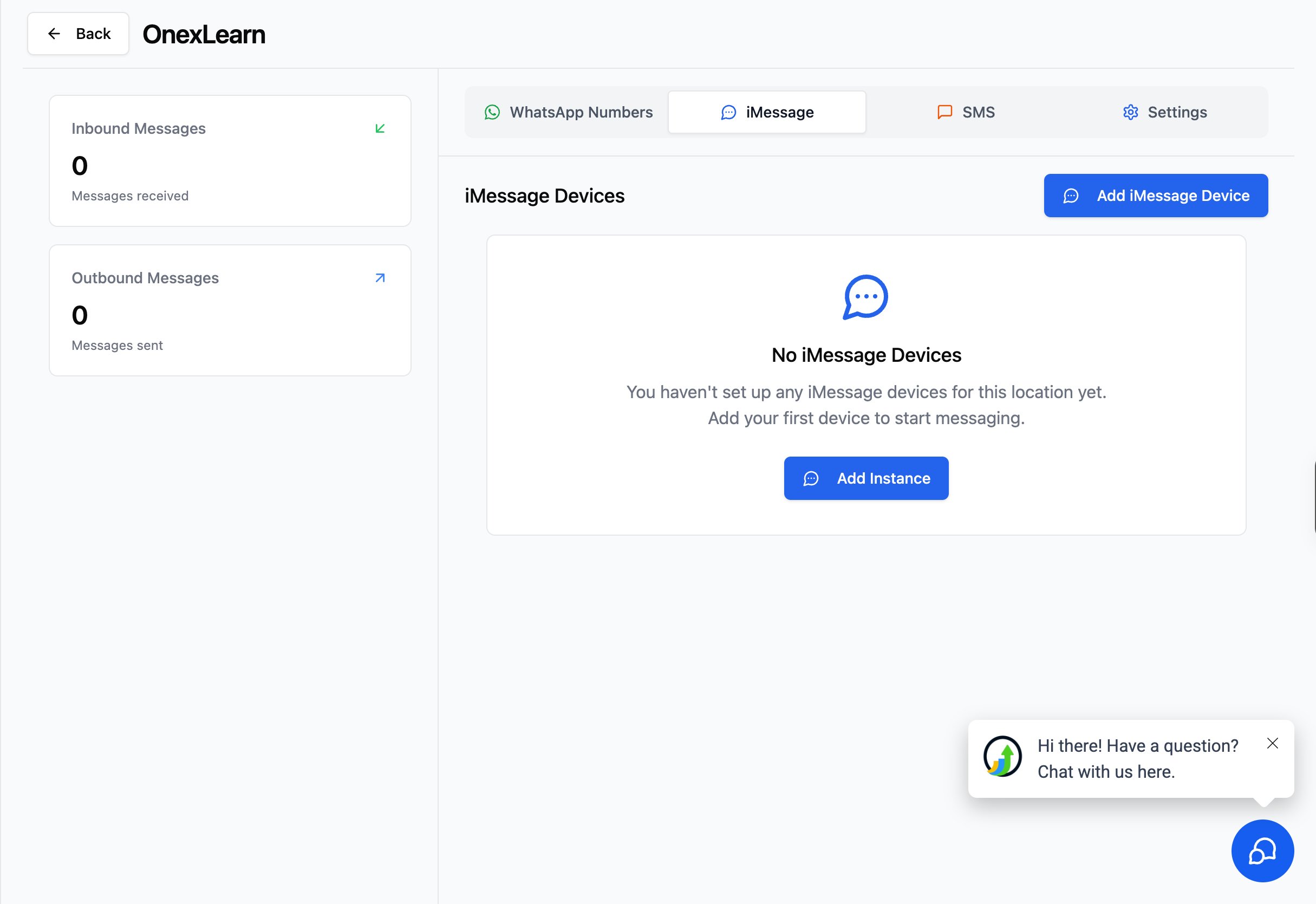 iMessage tab in the GoGHL dashboard with no devices yet and the Add iMessage Device button