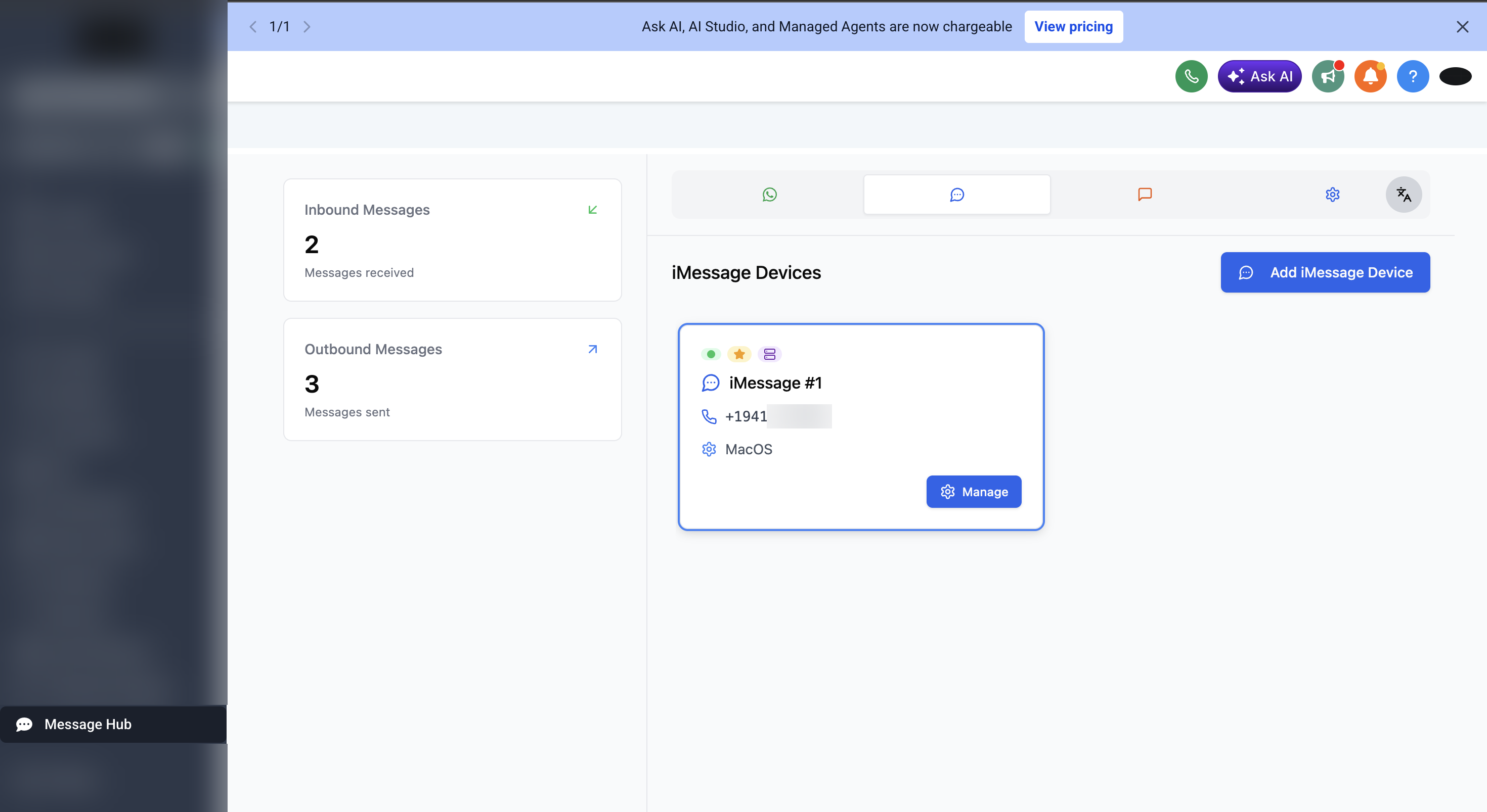 GoHighLevel sub-account with Message Hub selected in the sidebar, showing the iMessage devices list