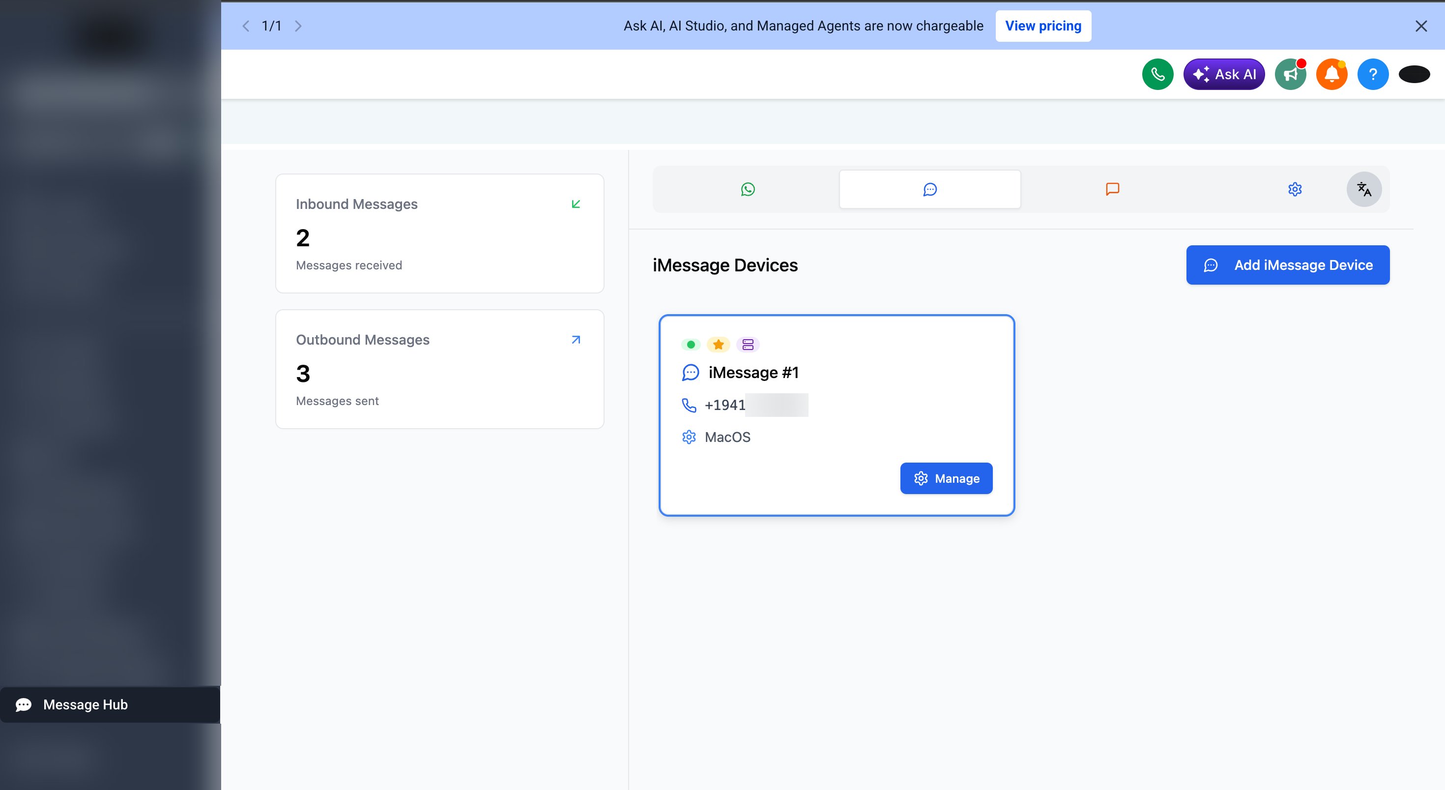 GoHighLevel sub-account with Message Hub selected in the sidebar, showing the iMessage devices list