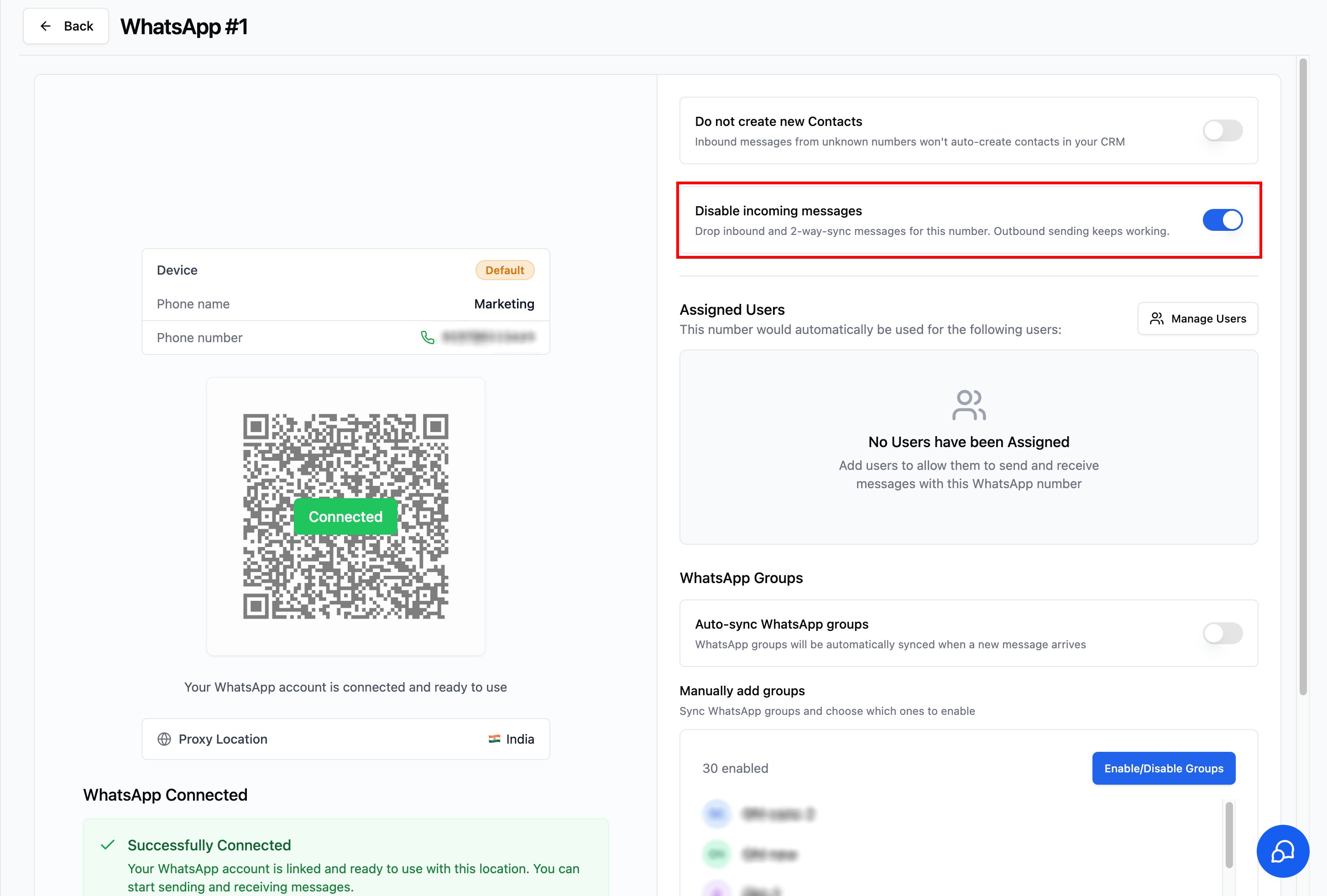 Disable incoming messages toggle on the WhatsApp instance page