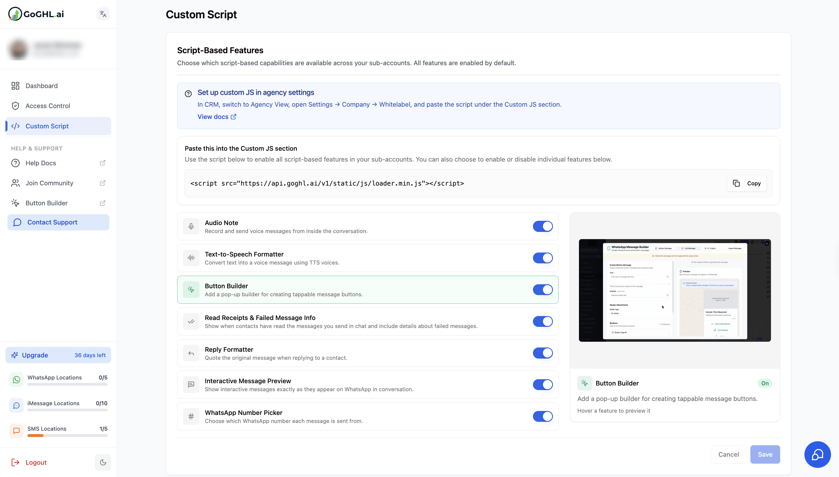Ativar ou desativar recursos de JS personalizado para todas as subcontas