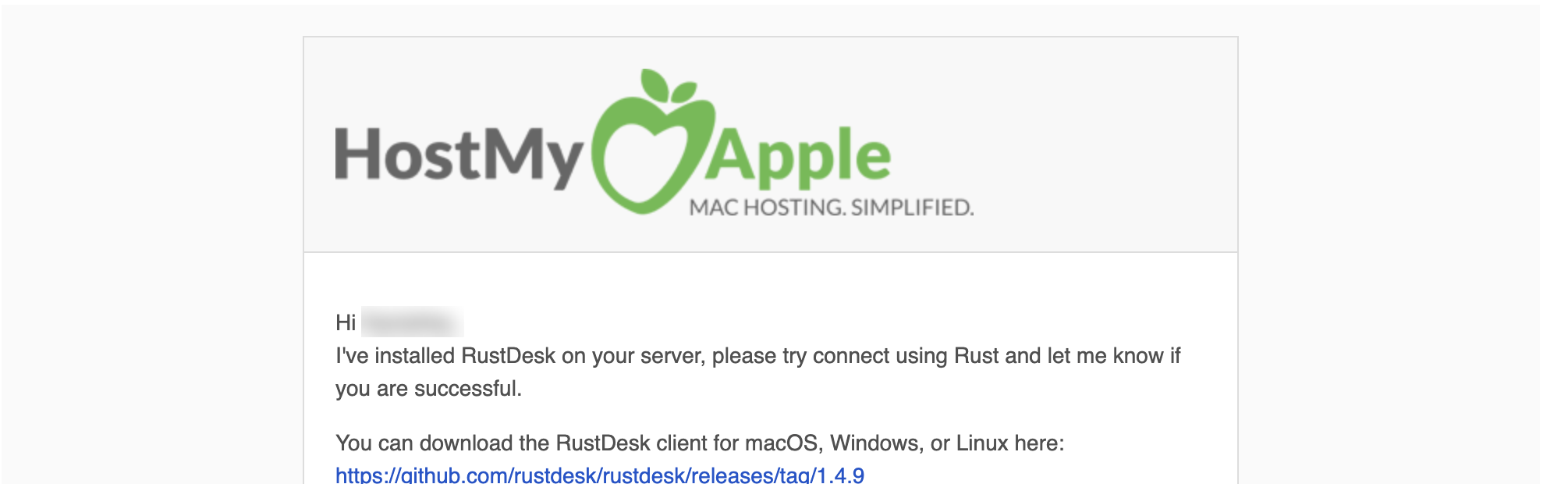 Correo de HostMyApple confirmando que RustDesk fue instalado en el Cloud Mac, con un enlace de descarga del cliente de RustDesk