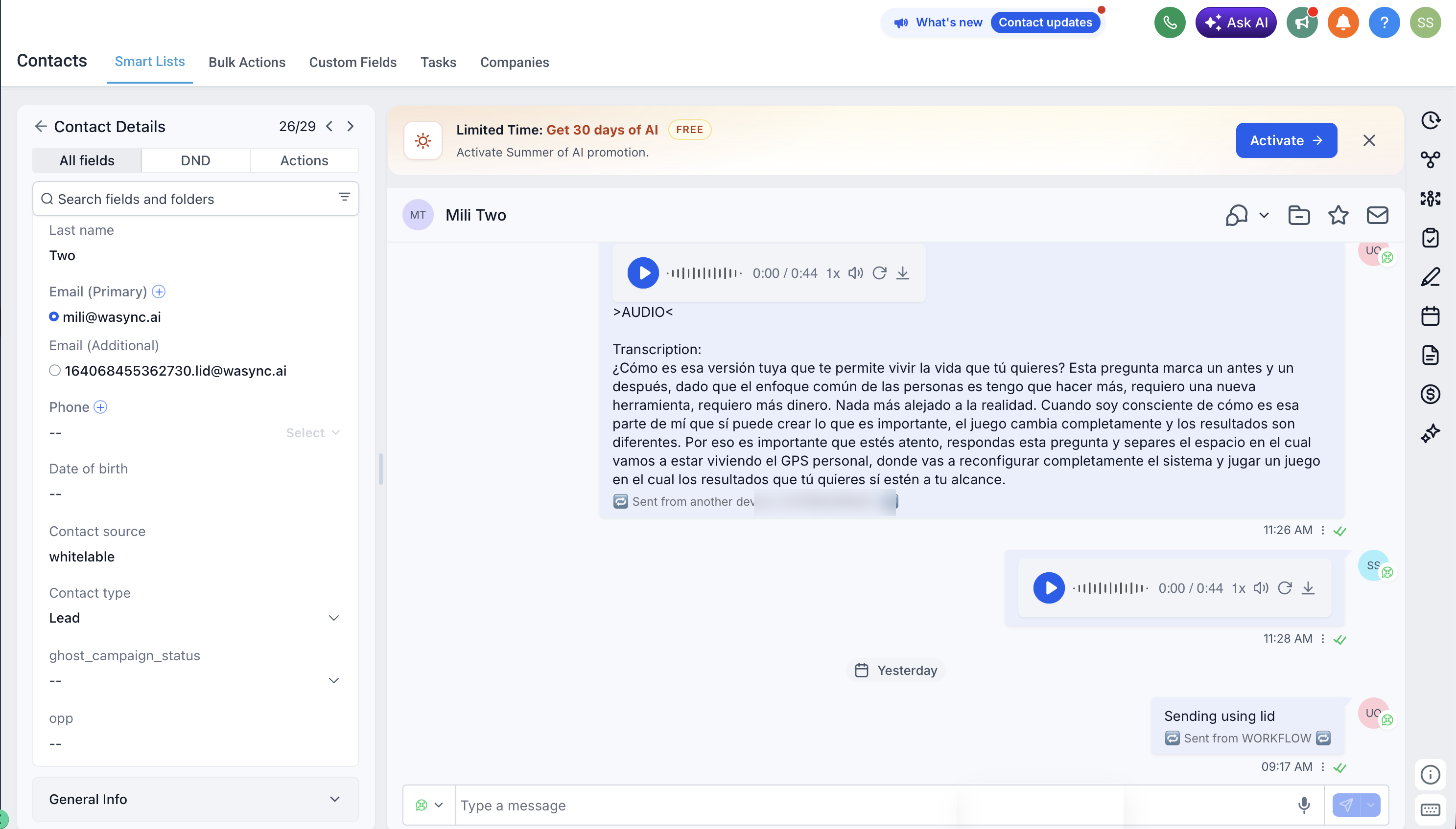 Conversation with a username contact: messages delivered via the WhatsApp LID, including a workflow message