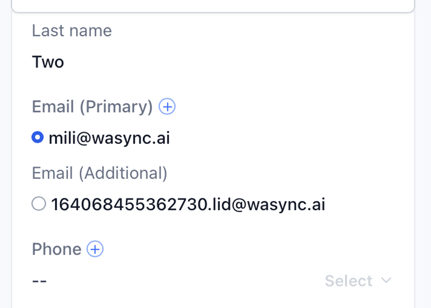 Contact created from a WhatsApp username: primary email holds the username, additional email holds the WhatsApp LID, phone is empty
