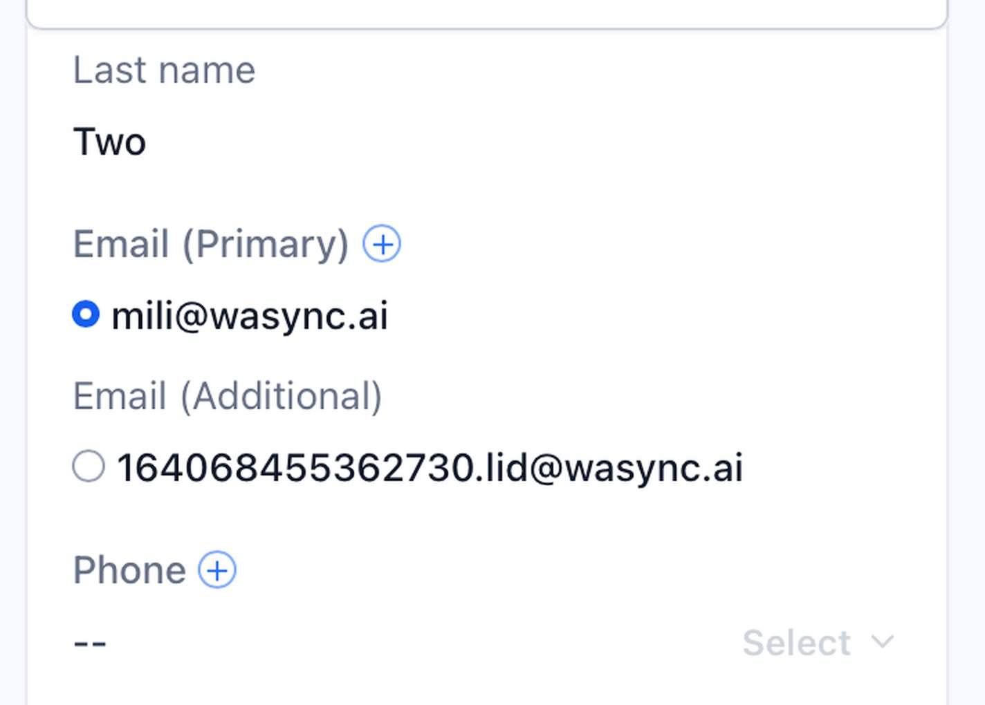 Contact created from a WhatsApp username: primary email holds the username, additional email holds the WhatsApp LID, phone is empty