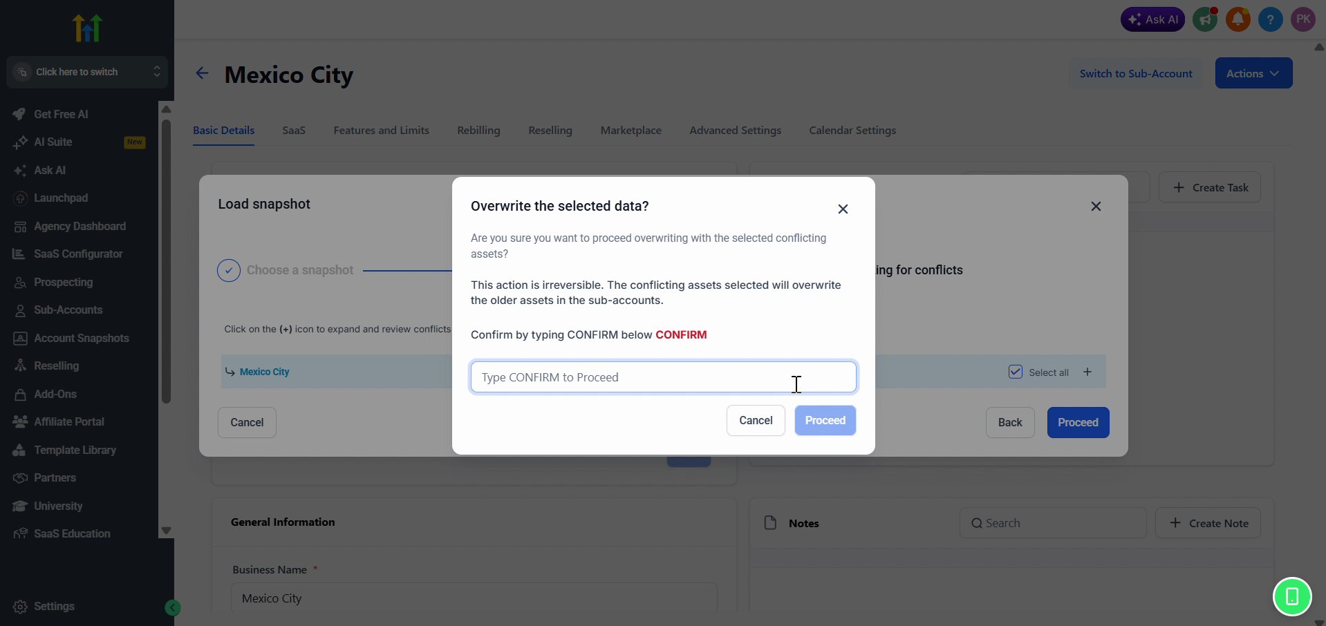 Overwrite confirmation dialog asking you to type CONFIRM