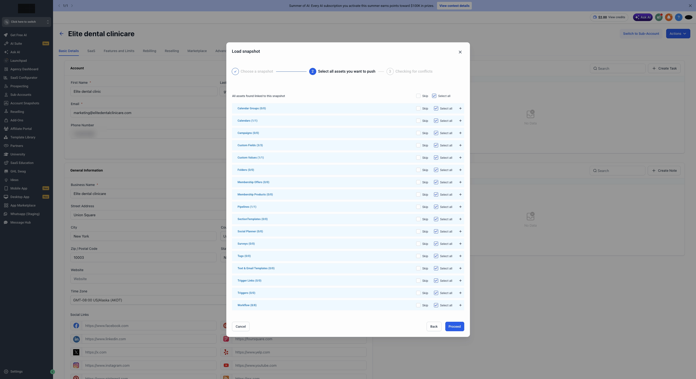 Load snapshot wizard step 2: select assets to push