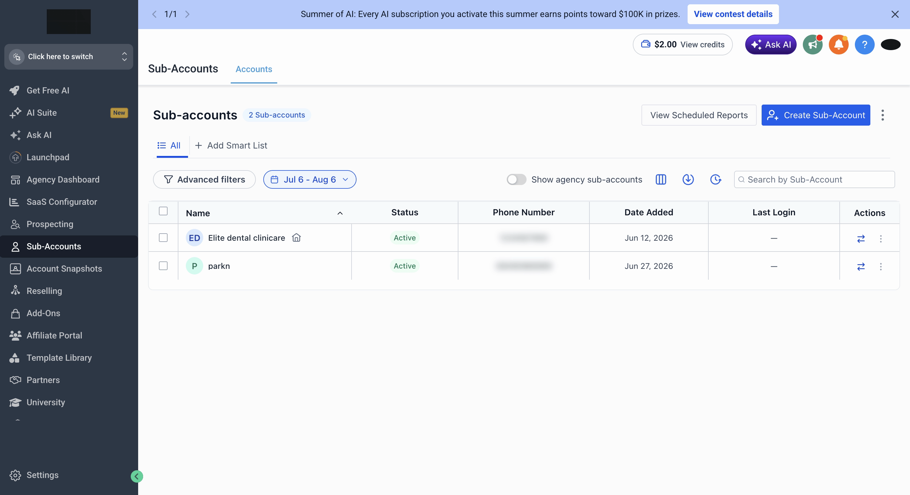 Sub-Accounts list in Agency View