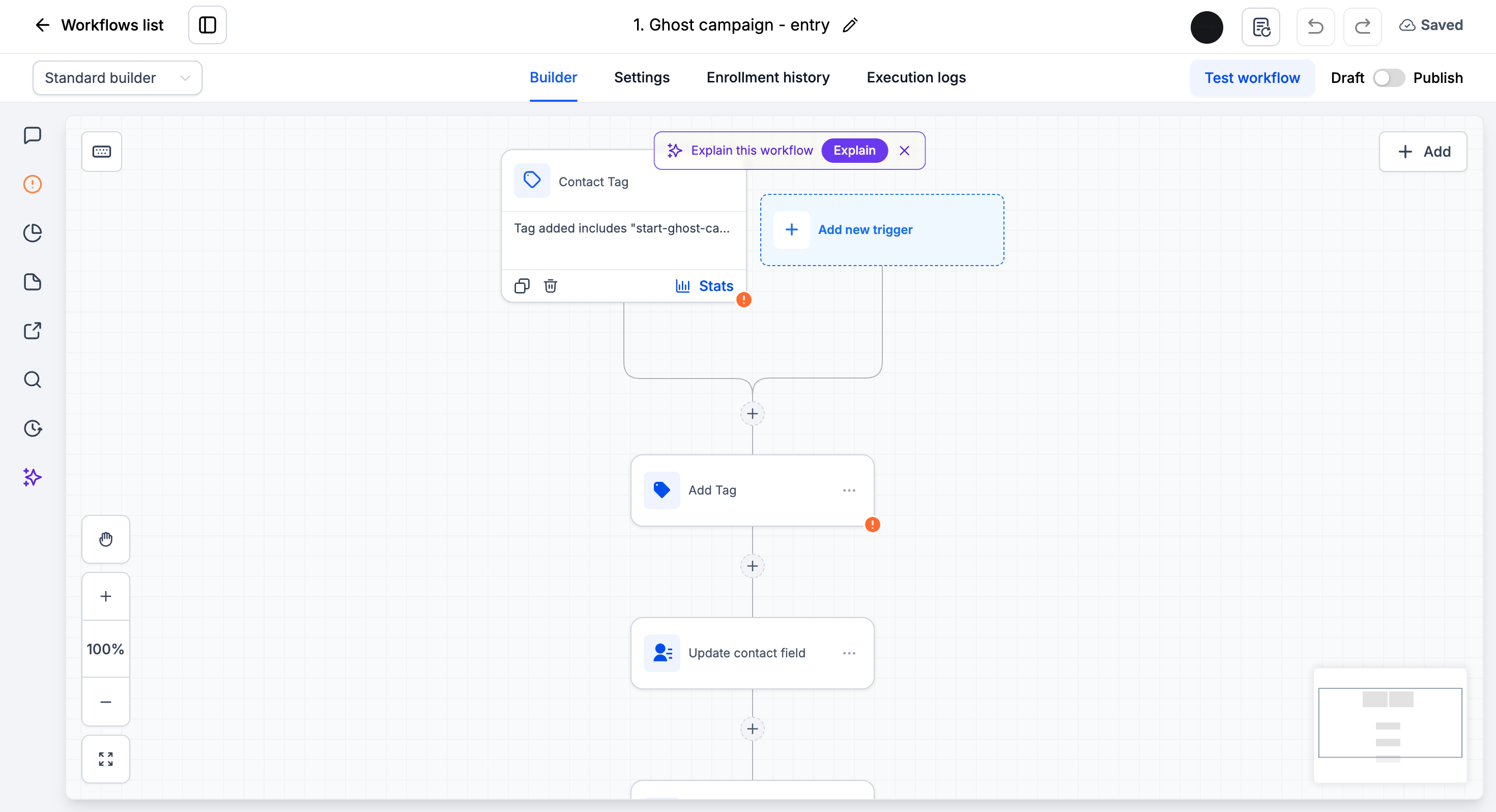 Imported workflow opened in the workflow builder