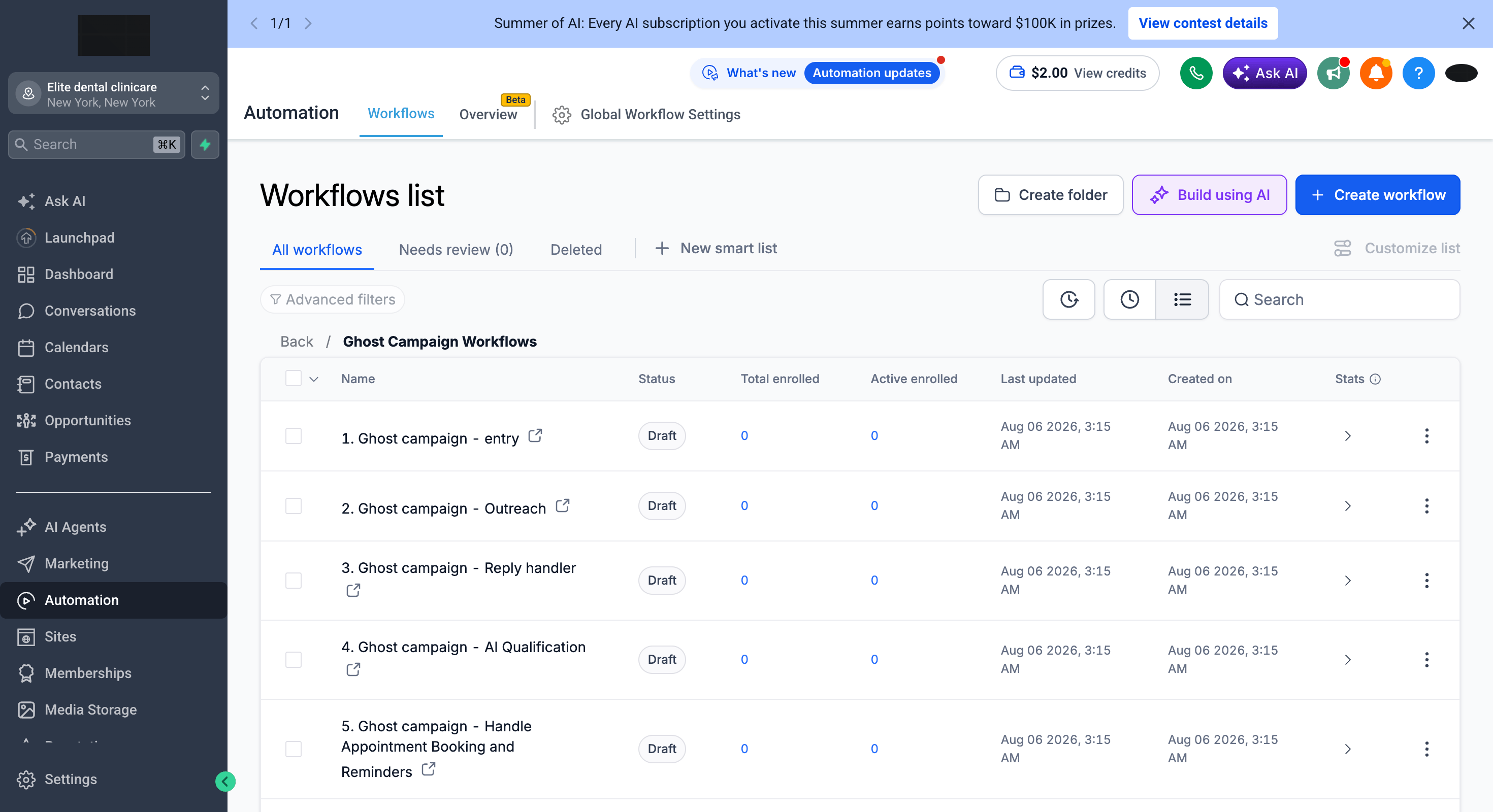 Imported Ghost Campaign workflows listed in the sub-account