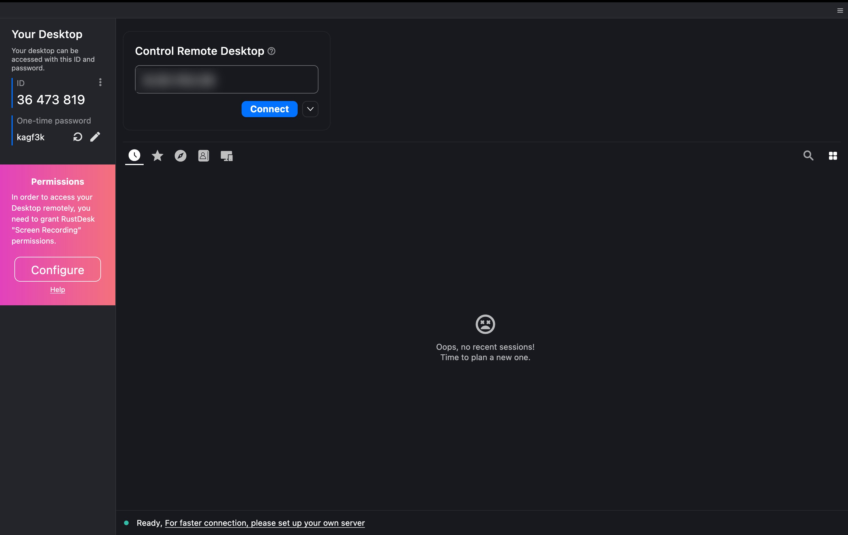 Pantalla principal de RustDesk con la IP del Cloud Mac ingresada en el campo Control Remote Desktop