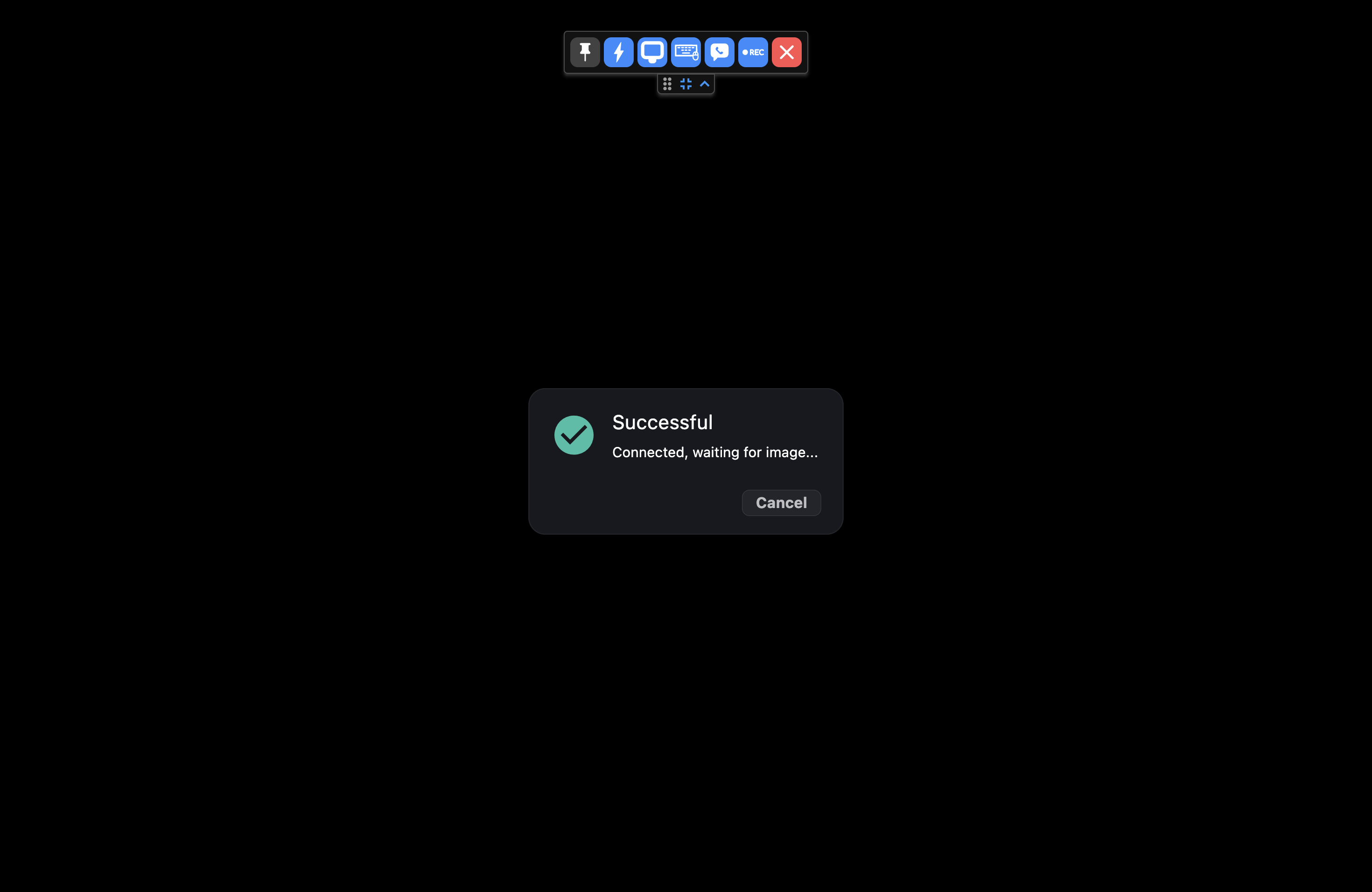 Confirmación de conexión de RustDesk mostrando Successful, conectado y esperando imagen