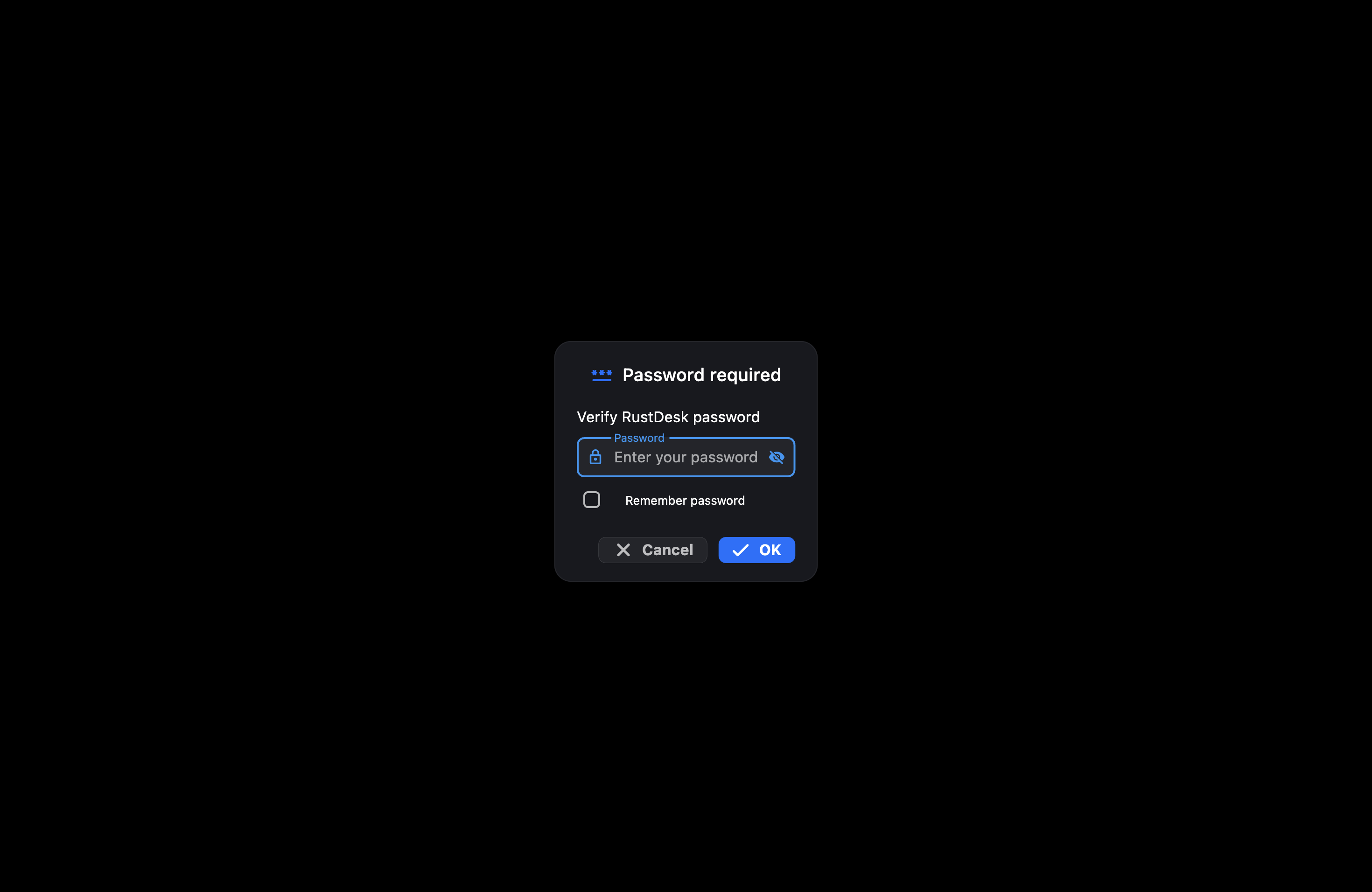 Diálogo de contraseña de RustDesk pidiendo verificar la contraseña