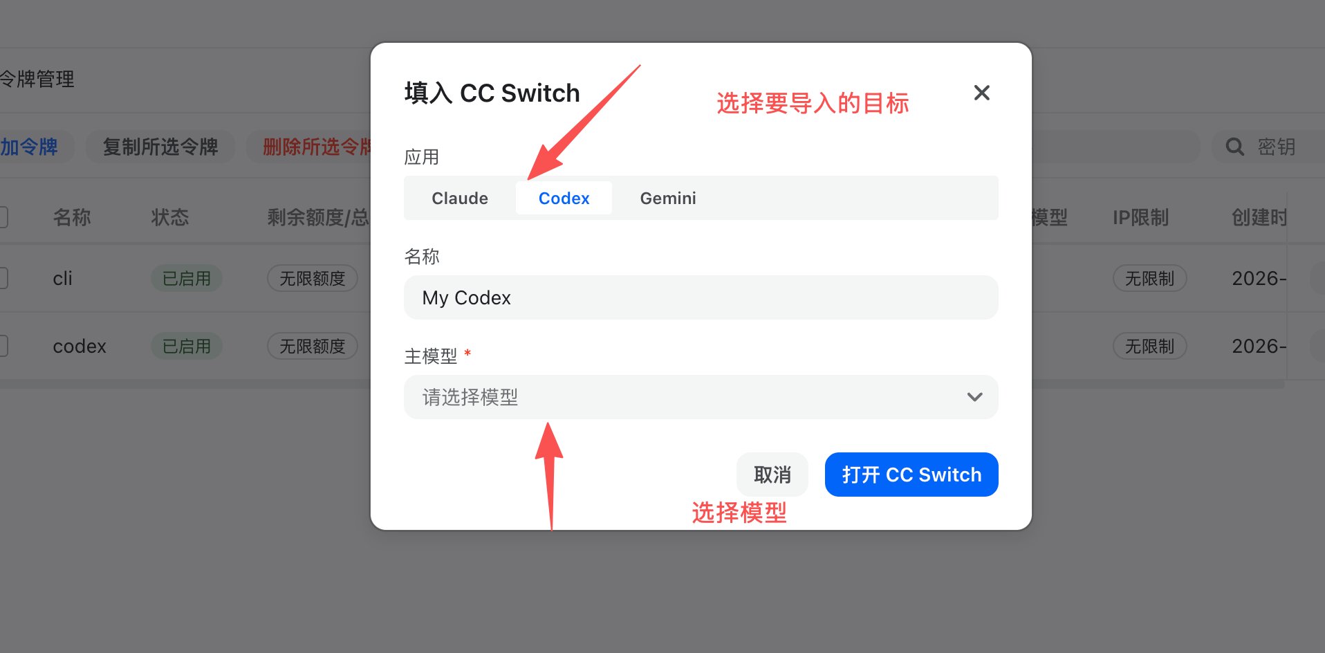 令牌管理中选择 CC Switch