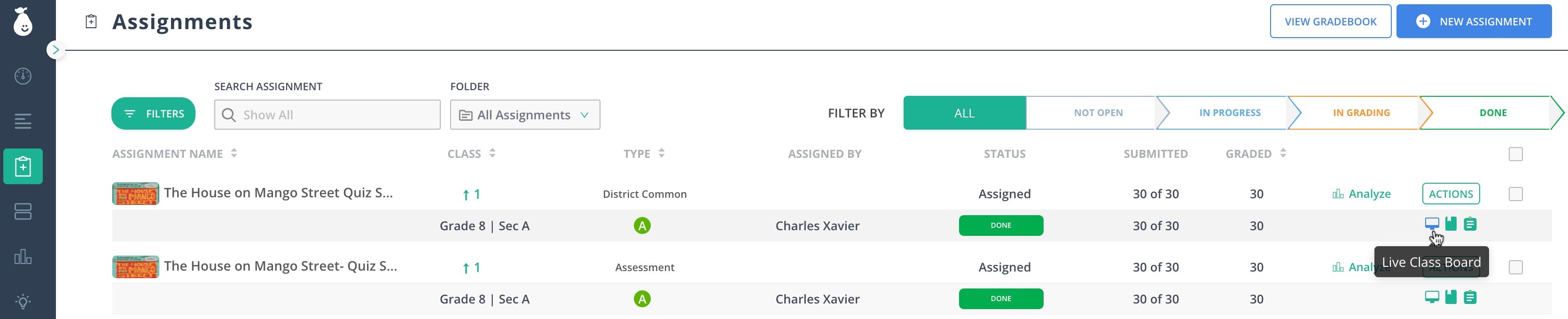 Live Class Board button in the Assignments tab.