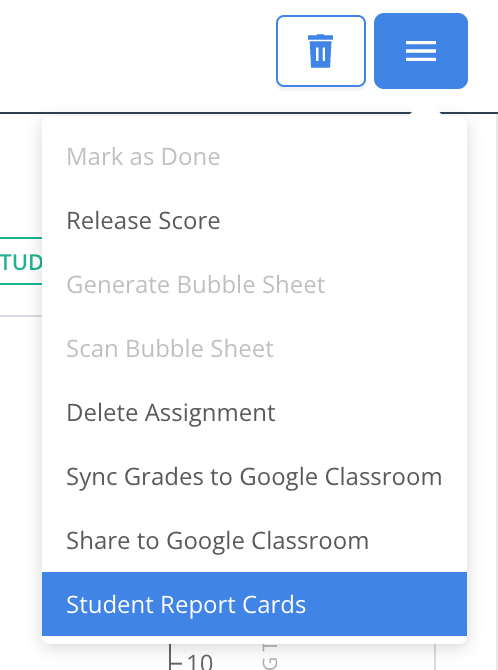 Student Report Cards option in the hamburger menu within Live Class Board.