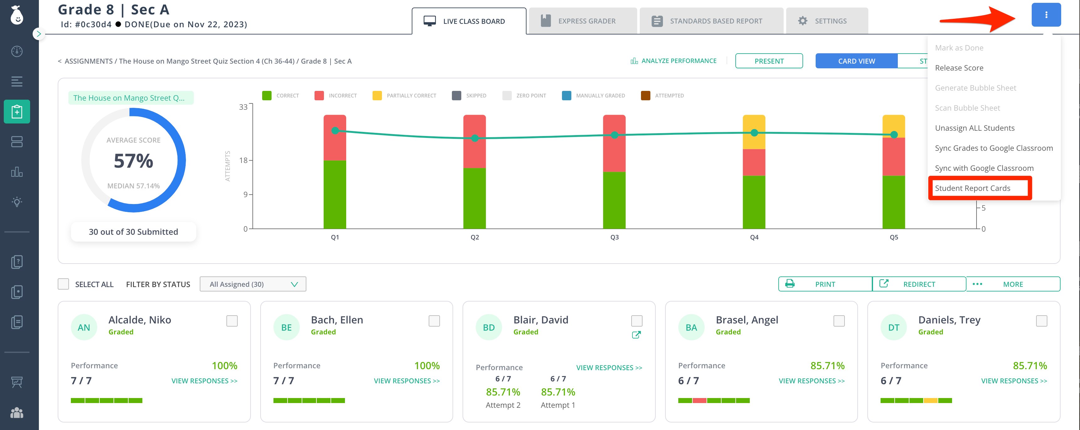 : Assignments tab with ellipsis menu open and Student Report Cards option highlighted